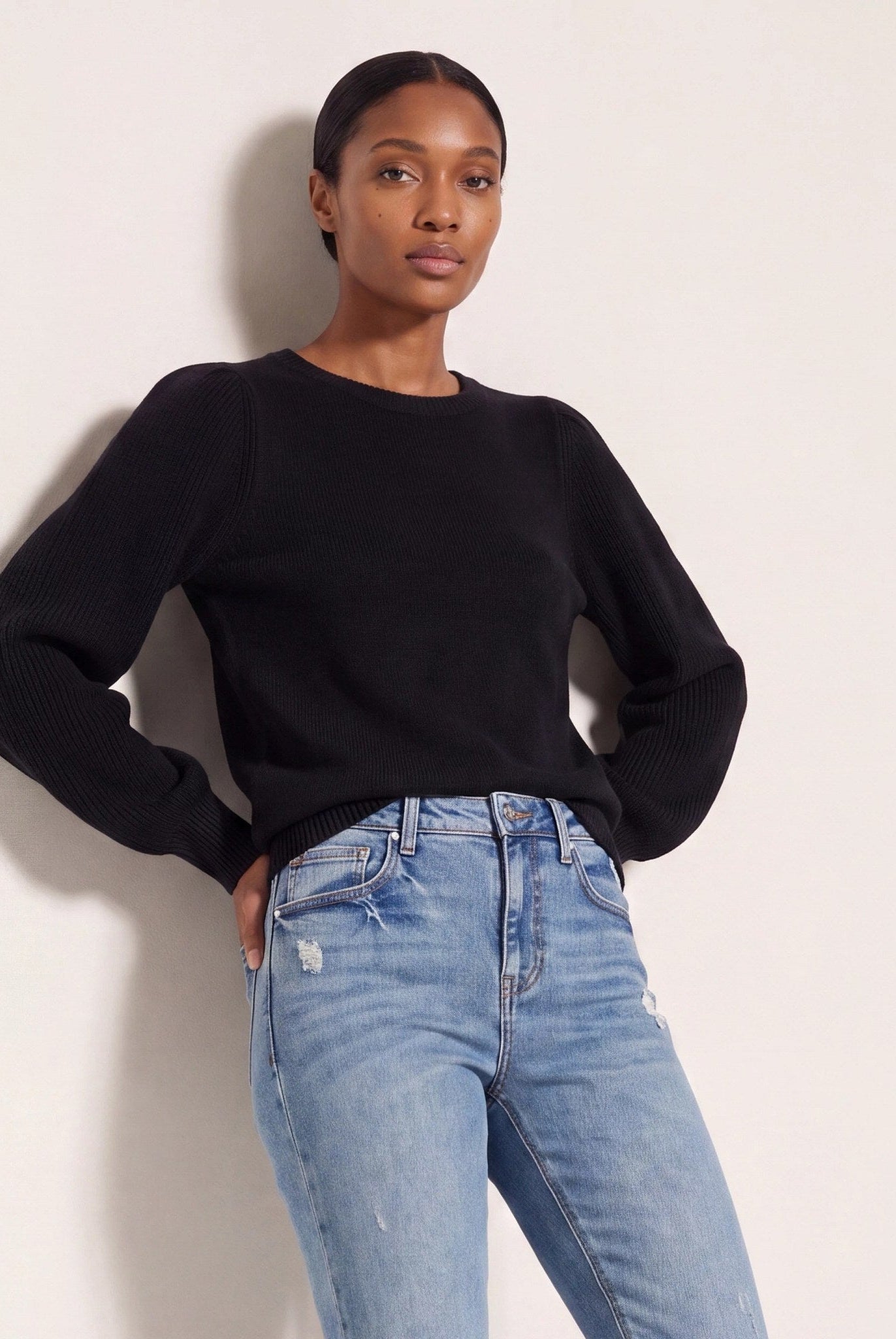 Black $|& SEAS Pacific Puff Shoulder Crew Neck Sweater - SOF Front