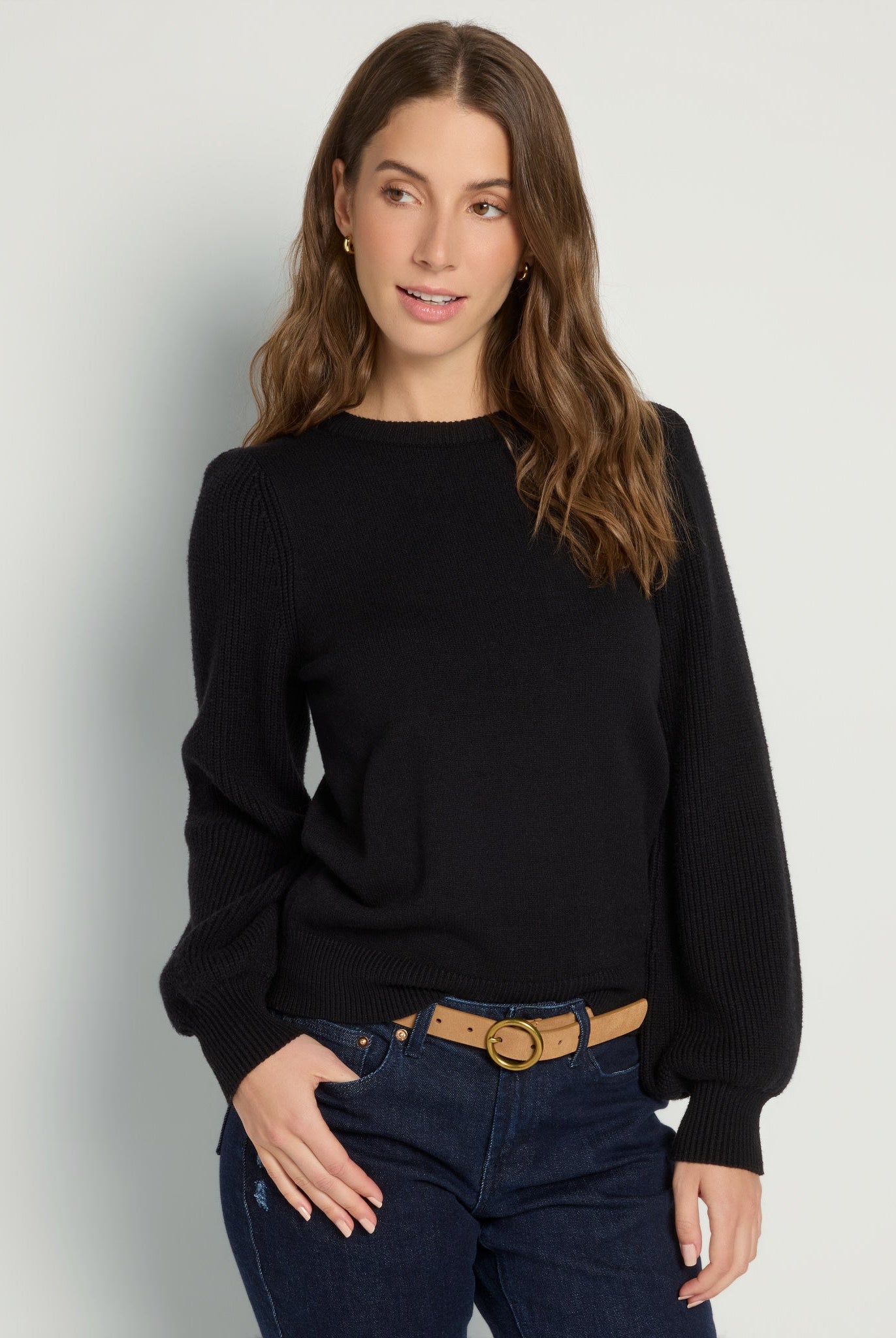 Black $|& SEAS Pacific Puff Shoulder Crew Neck Sweater - SOF Front