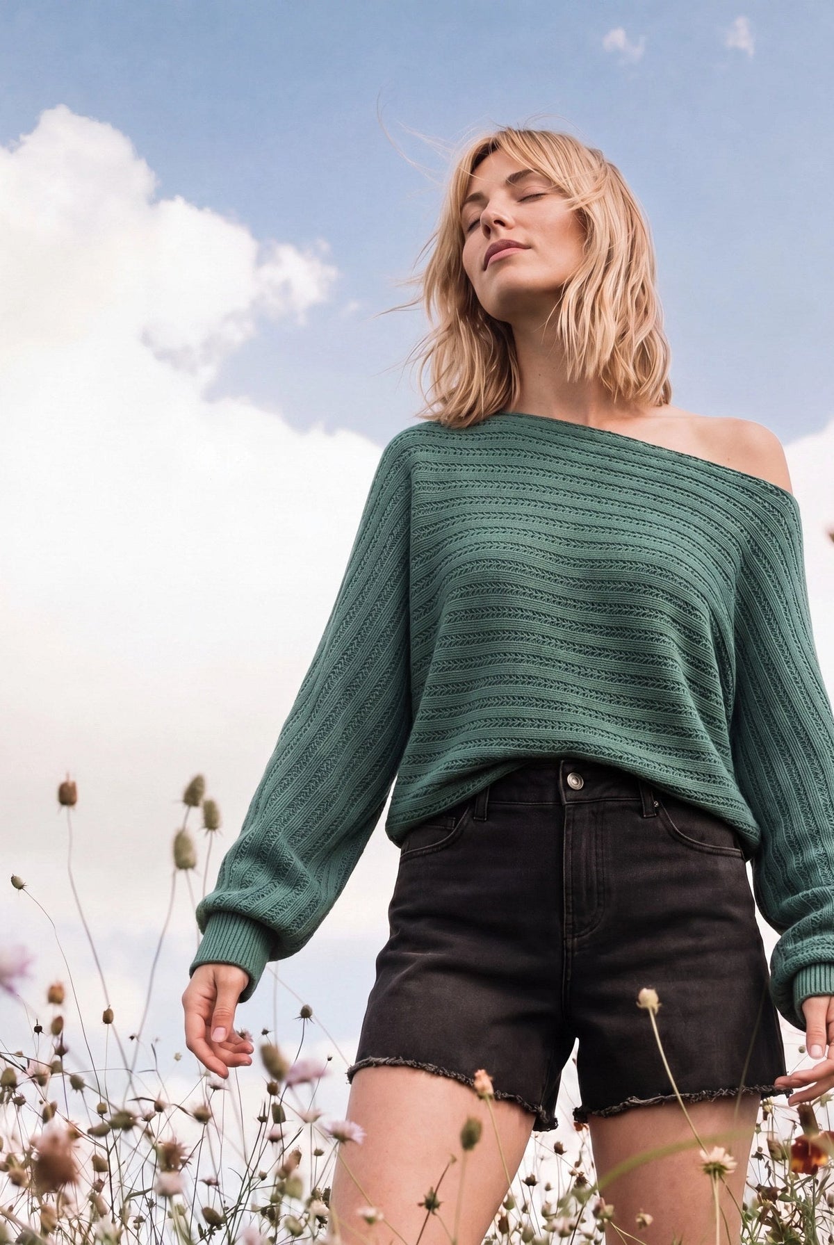 Frosty Spruce $|& SEAS Open Weave Dolman Sweater
