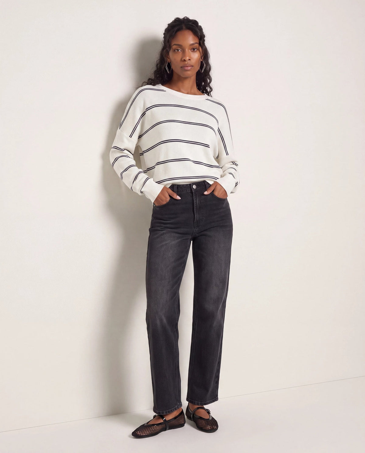 Ivory/Navy $|& SEAS Crew Neck Stripe Long Sleeve - SOF Back