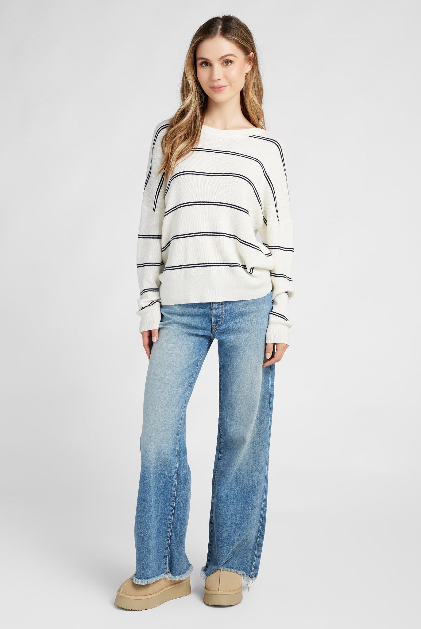 Ivory/Navy $|& SEAS Crew Neck Stripe Long Sleeve - SOF Full Front