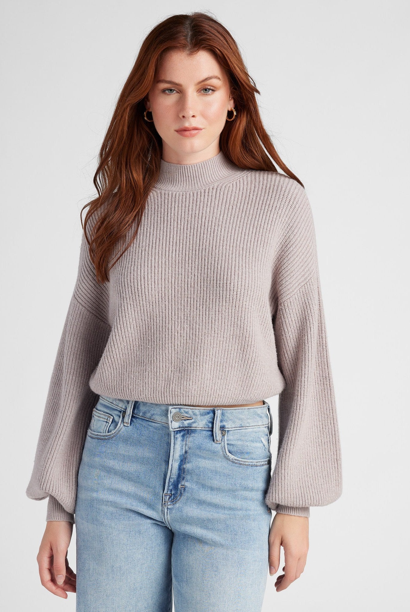 Heather Grey $|& SEAS Pacific Mock Neck Marled Sweater - SOF Front
