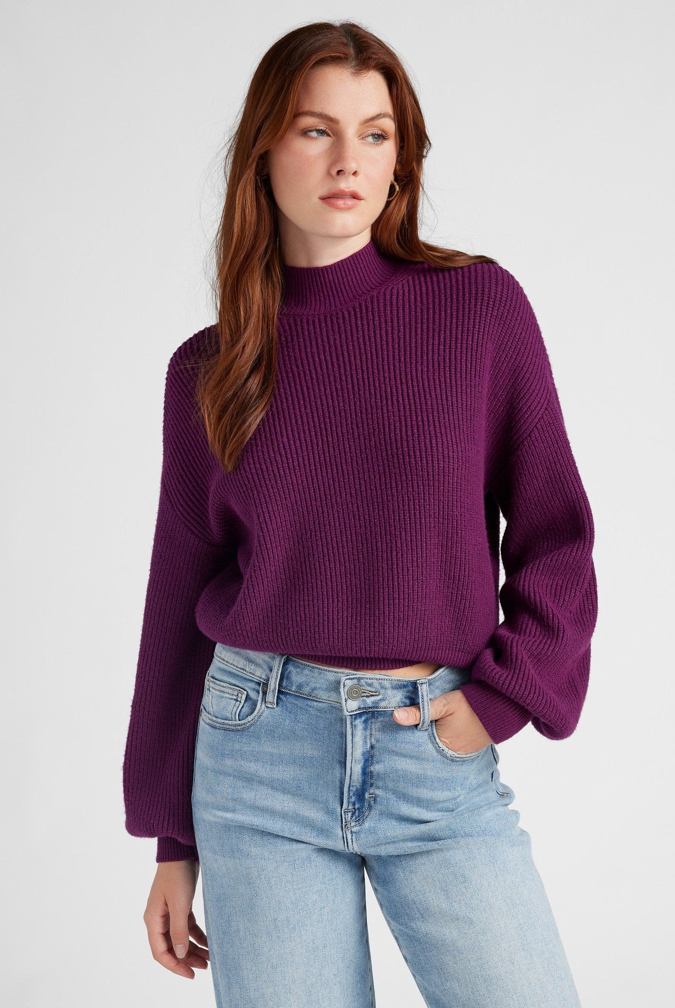 Heather Eggplant $|& SEAS Pacific Mock Neck Marled Sweater - SOF Front