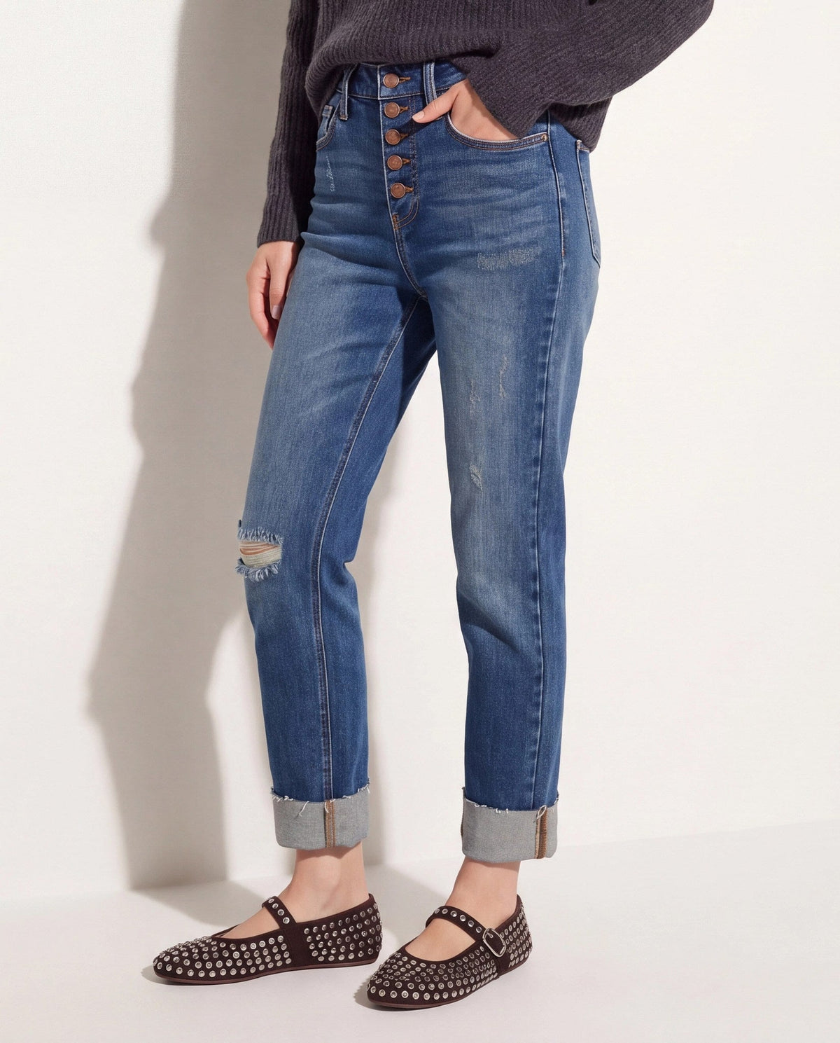 Dark Wash $|& Herizon Phoebe High Rise Mom Jeans with Button Fly