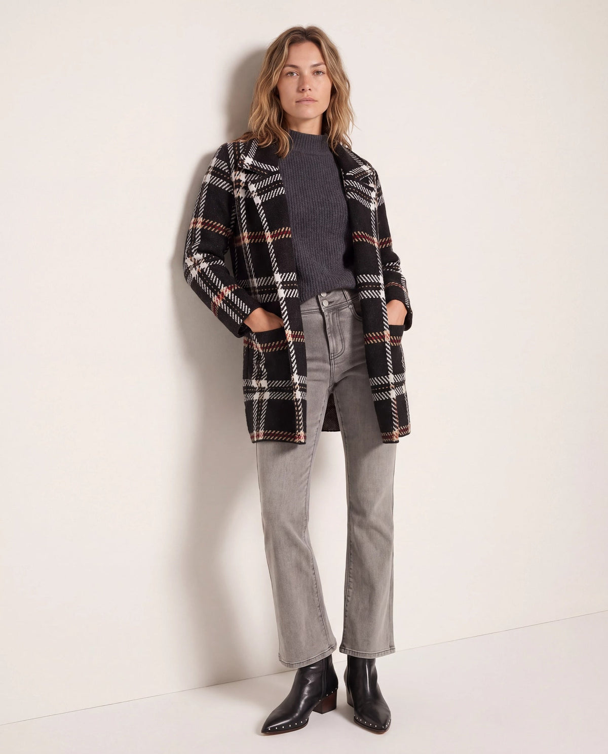 Black/Red/Ivory $|& OneWorld Plaid Sweater Coatigan - SOF Back