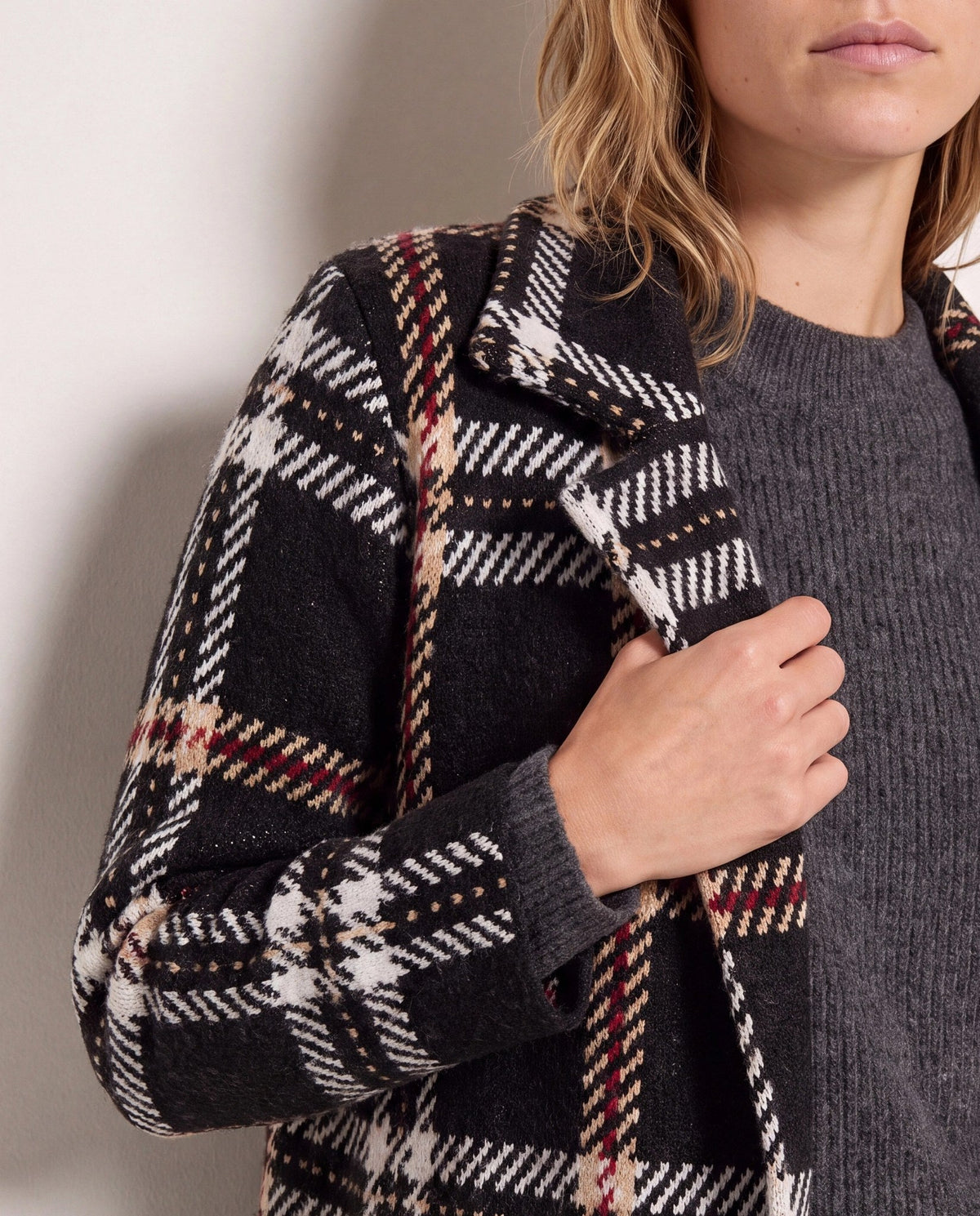 Black/Red/Ivory $|& OneWorld Plaid Sweater Coatigan - SOF Back