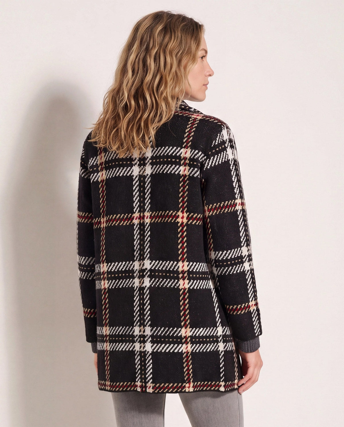 Black/Red/Ivory $|& OneWorld Plaid Sweater Coatigan - SOF Side