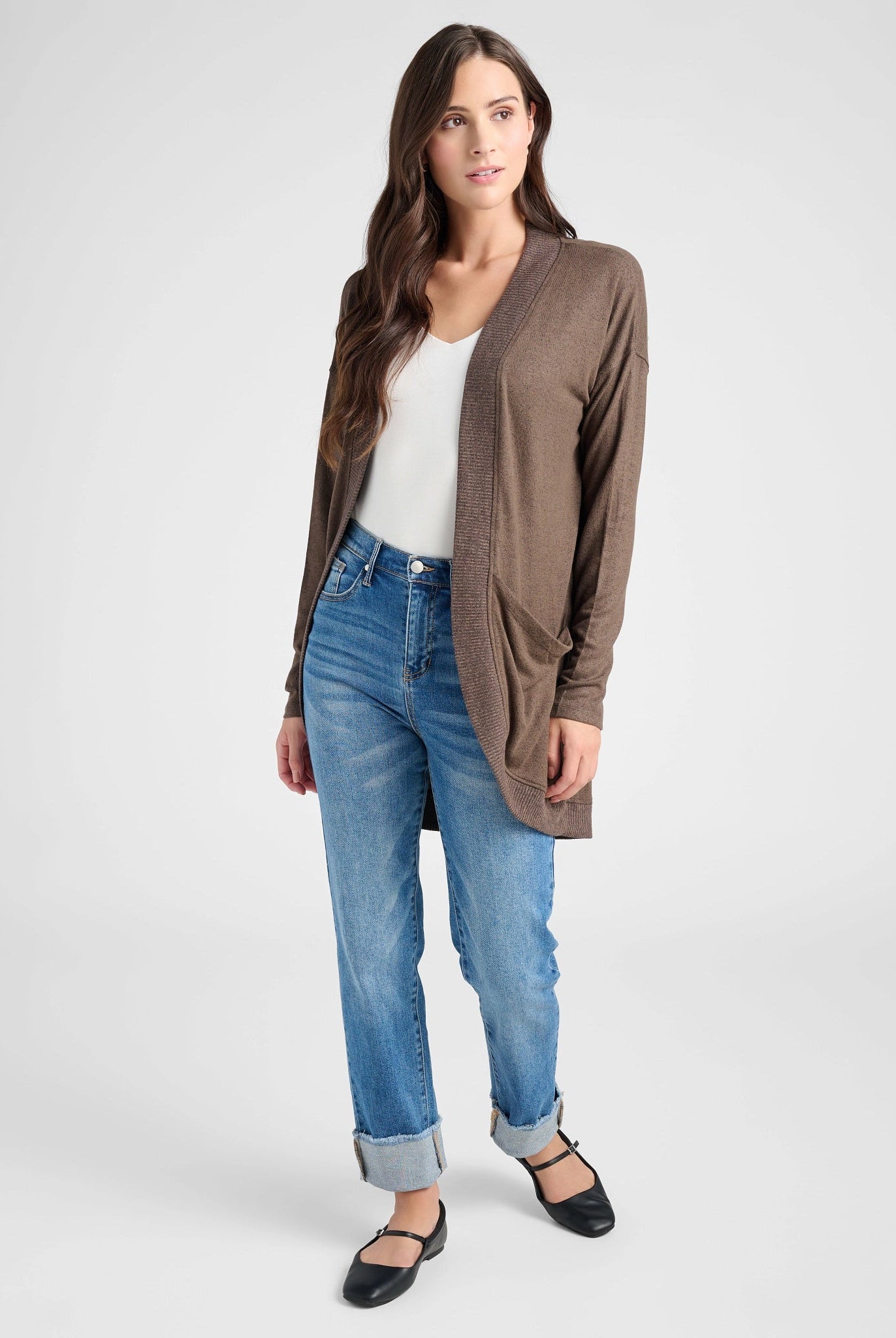 Heather Dark Chocolate $|& SEAS Cocoon Cardigan - SOF Full Front