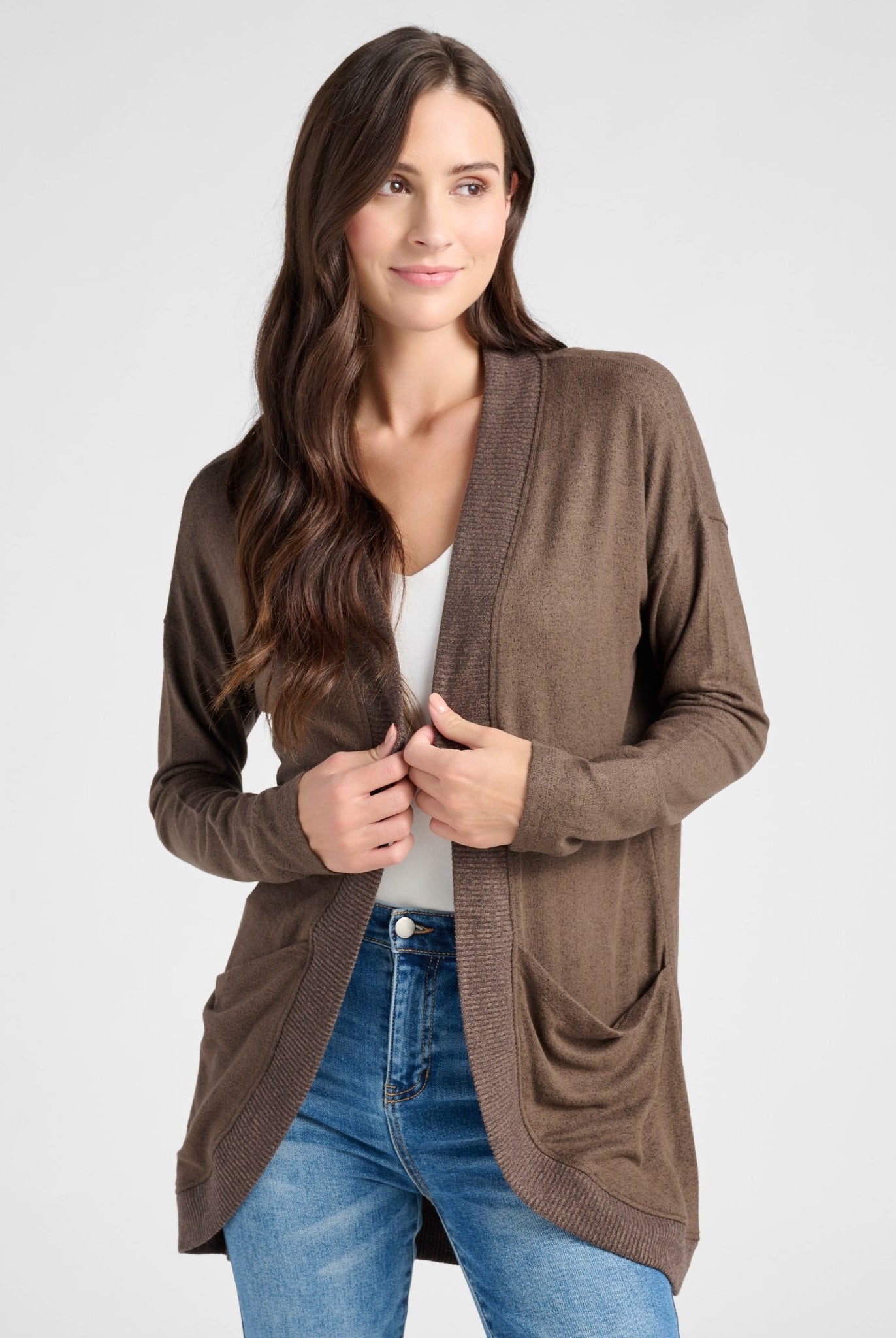 Heather Dark Chocolate $|& SEAS Cocoon Cardigan - SOF Front