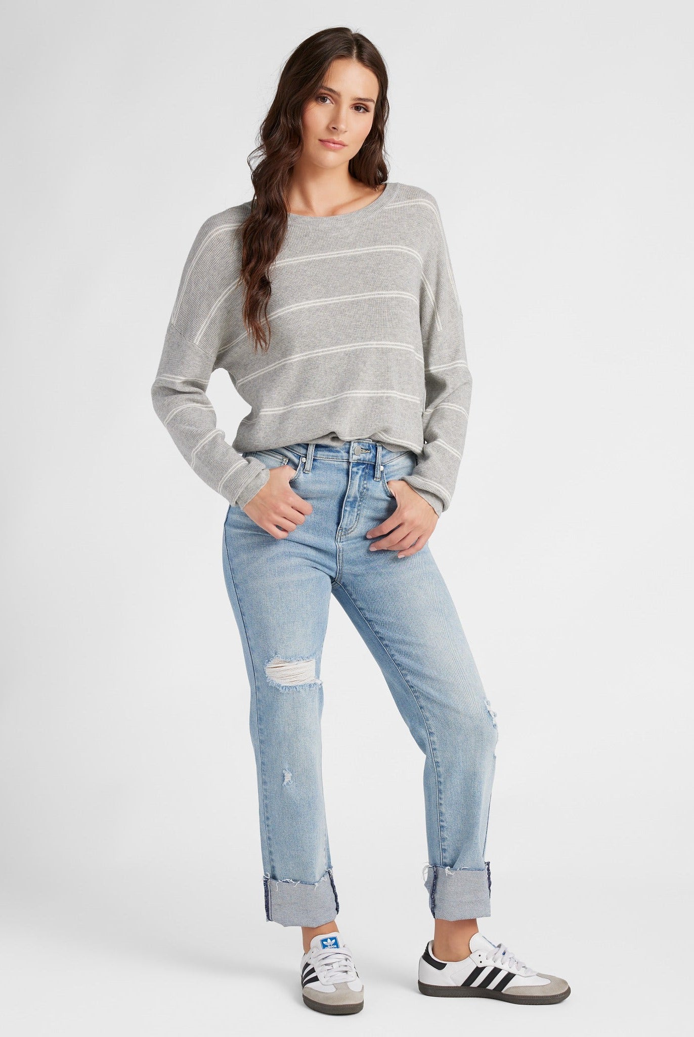 Heather Grey/White $|& SEAS Crew Neck Stripe Long Sleeve - SOF Full Front