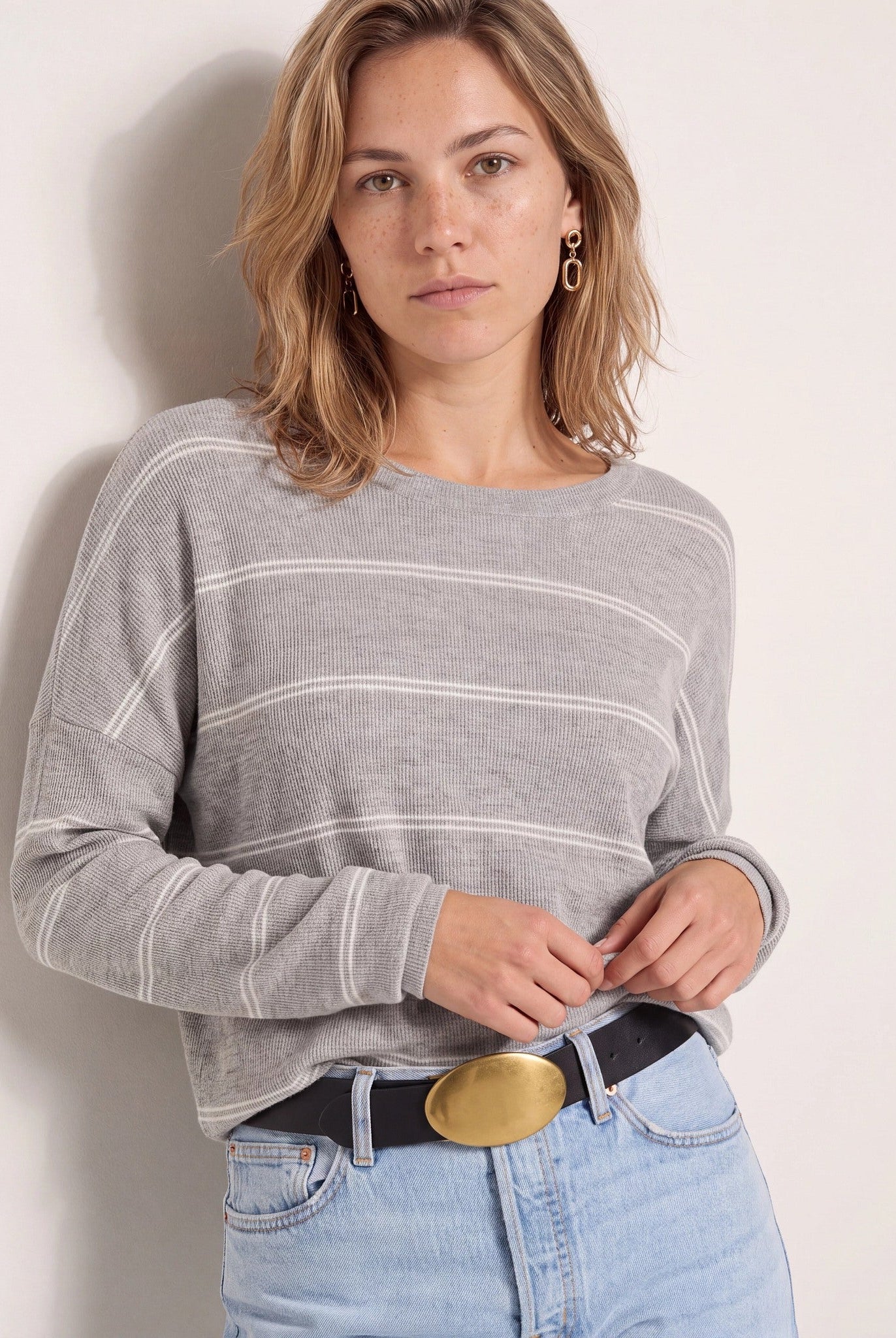 Heather Grey/White $|& SEAS Crew Neck Stripe Long Sleeve - SOF Back