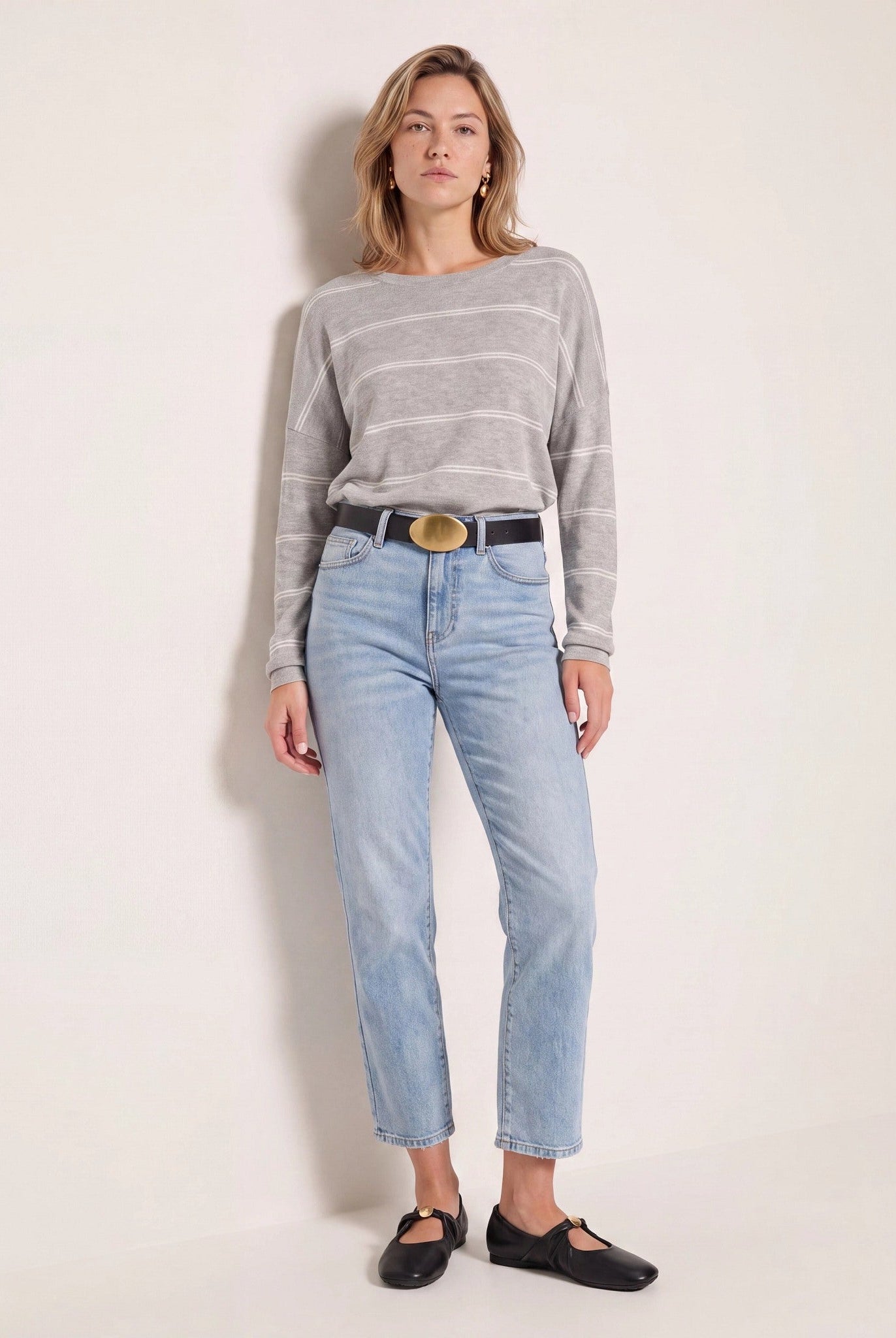 Heather Grey/White $|& SEAS Crew Neck Stripe Long Sleeve - SOF Back