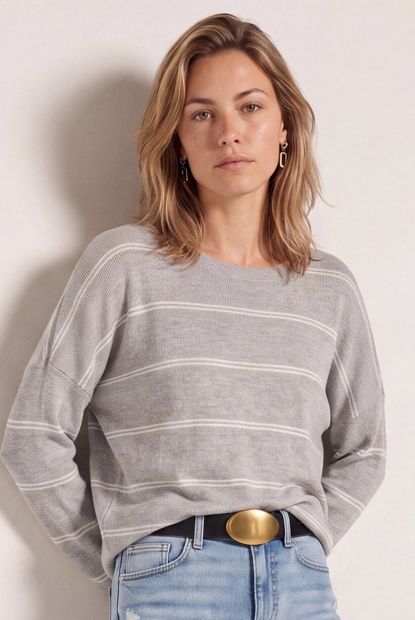 Heather Grey/White $|& SEAS Crew Neck Stripe Long Sleeve - SOF Front