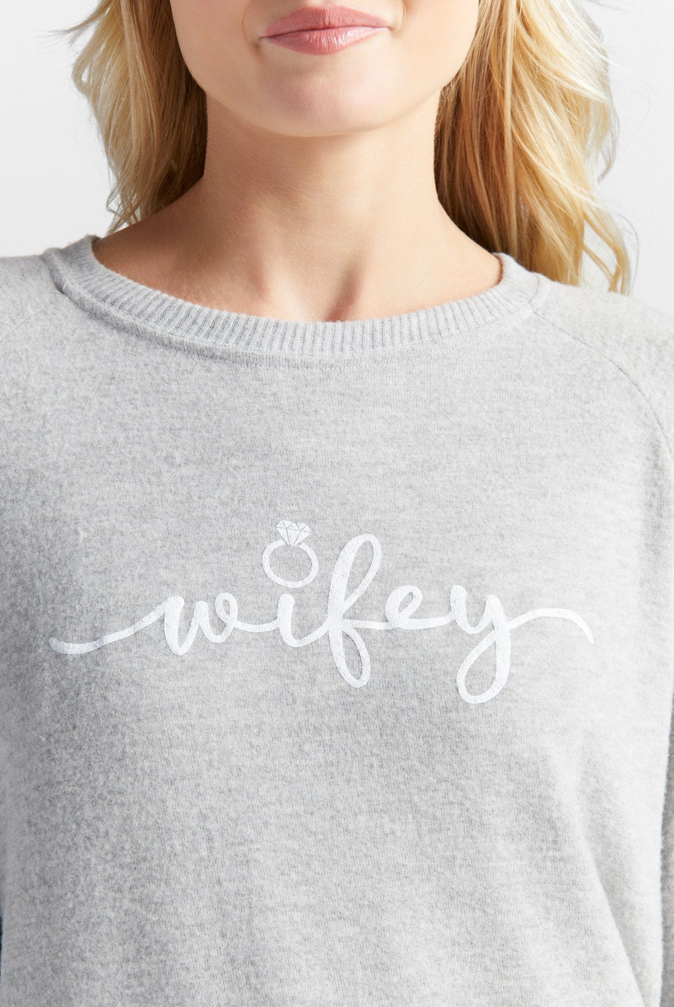 Heather Grey $|& SEAS Dreamy Hacci "Wifey" Graphic Pullover - SOF Detail