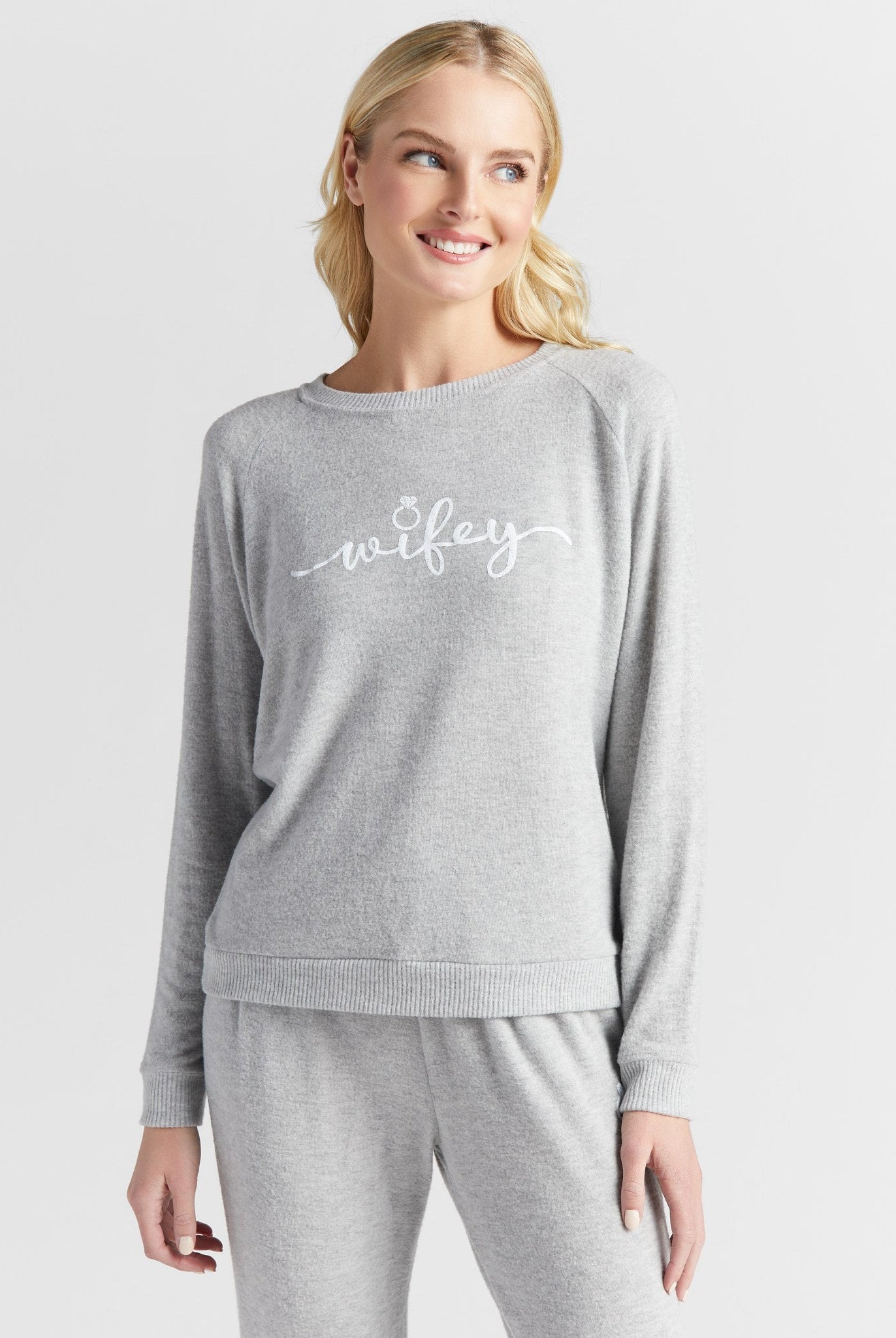 Heather Grey $|& SEAS Dreamy Hacci "Wifey" Graphic Pullover - SOF Front