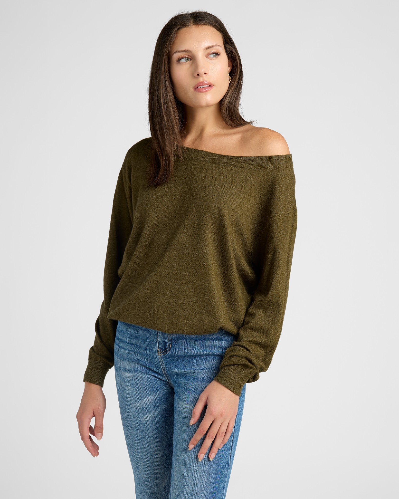 Olive $|& SEAS Pacific One Shoulder Sweater - SOF Front