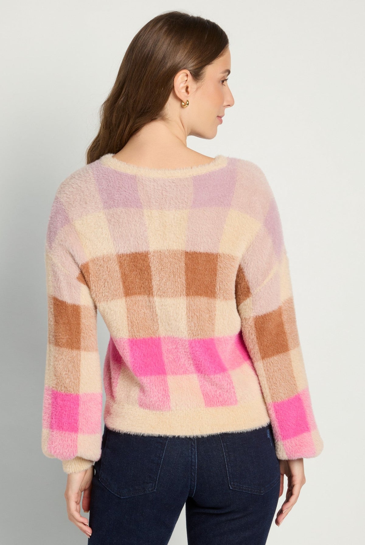 Lilac/ Chocolate/ Hot Pink Plaid $|& SEAS Eyelash Plaid Sweater - SOF Back