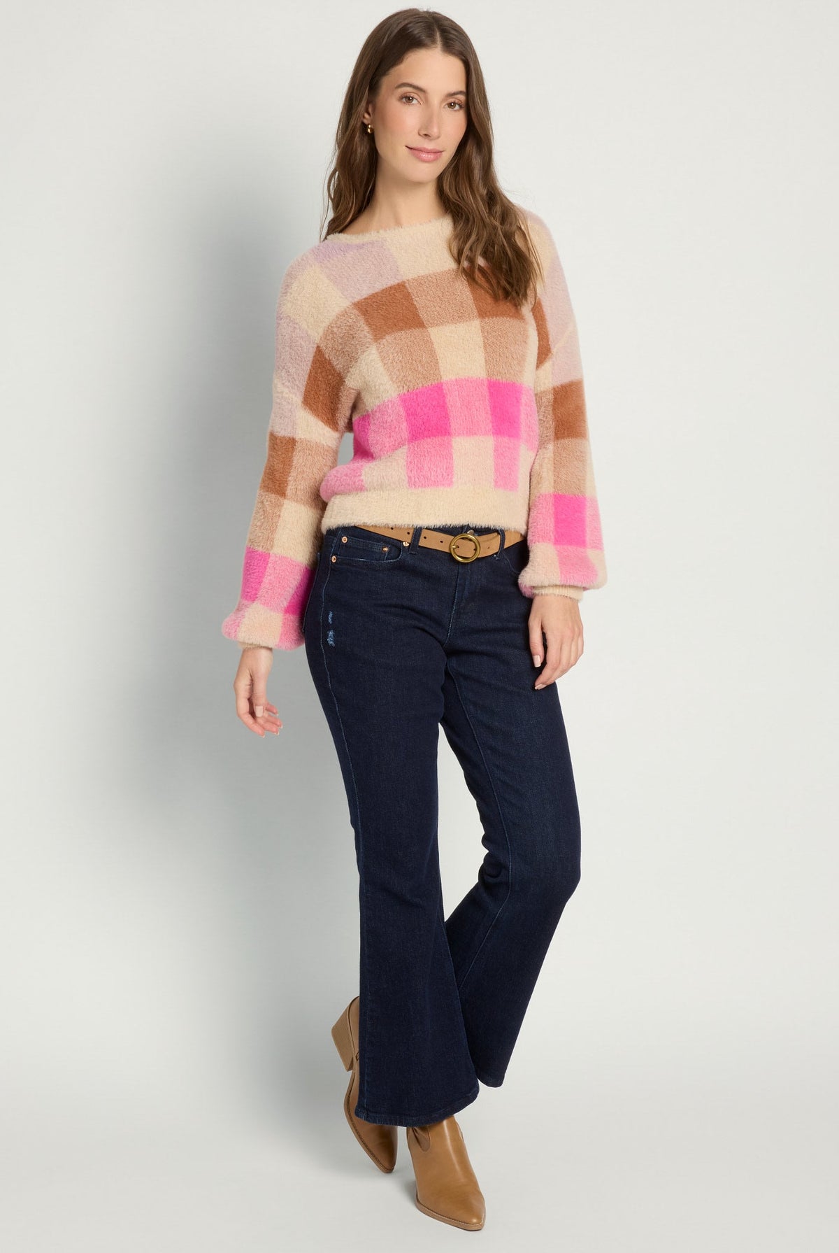 Lilac/ Chocolate/ Hot Pink Plaid $|& SEAS Eyelash Plaid Sweater - UGC On Fig
