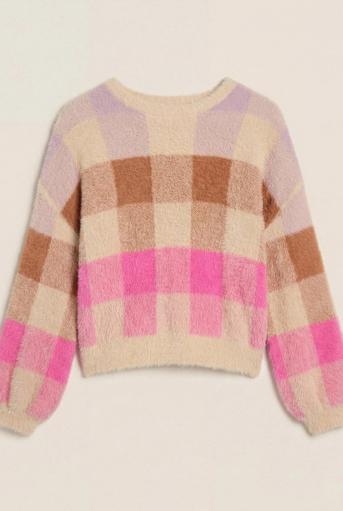 Lilac/ Chocolate/ Hot Pink Plaid $|& SEAS Eyelash Plaid Sweater - Hanger Detail