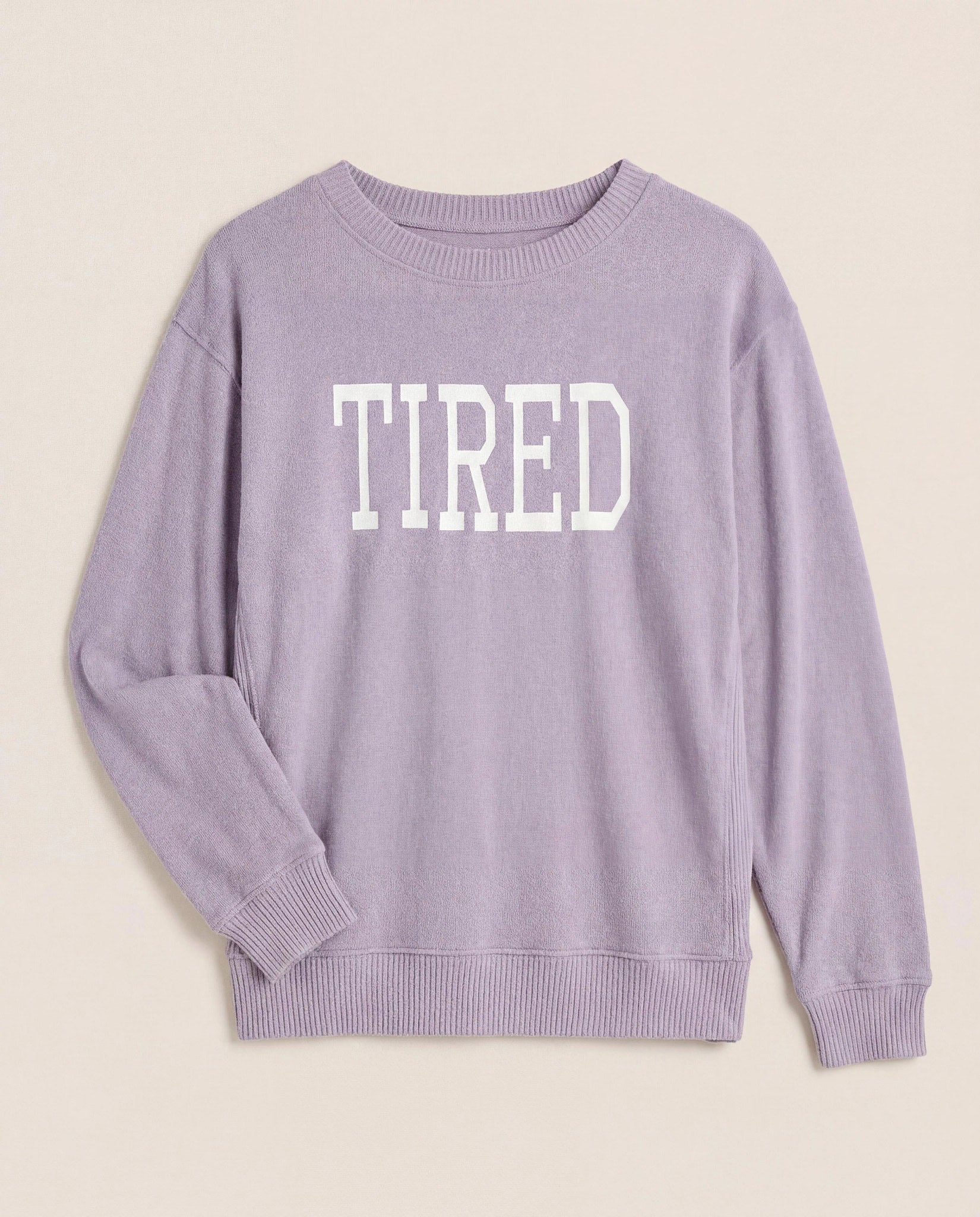 Heather Purple Sage $|& SEAS Shoreline Hacci "Tired" Graphic Pullover - Hanger Detail