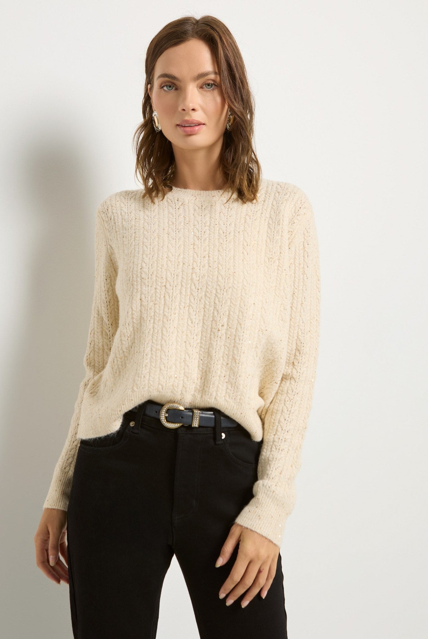 Cream $|& SEAS Sequin Crewneck Sweater - SOF Front