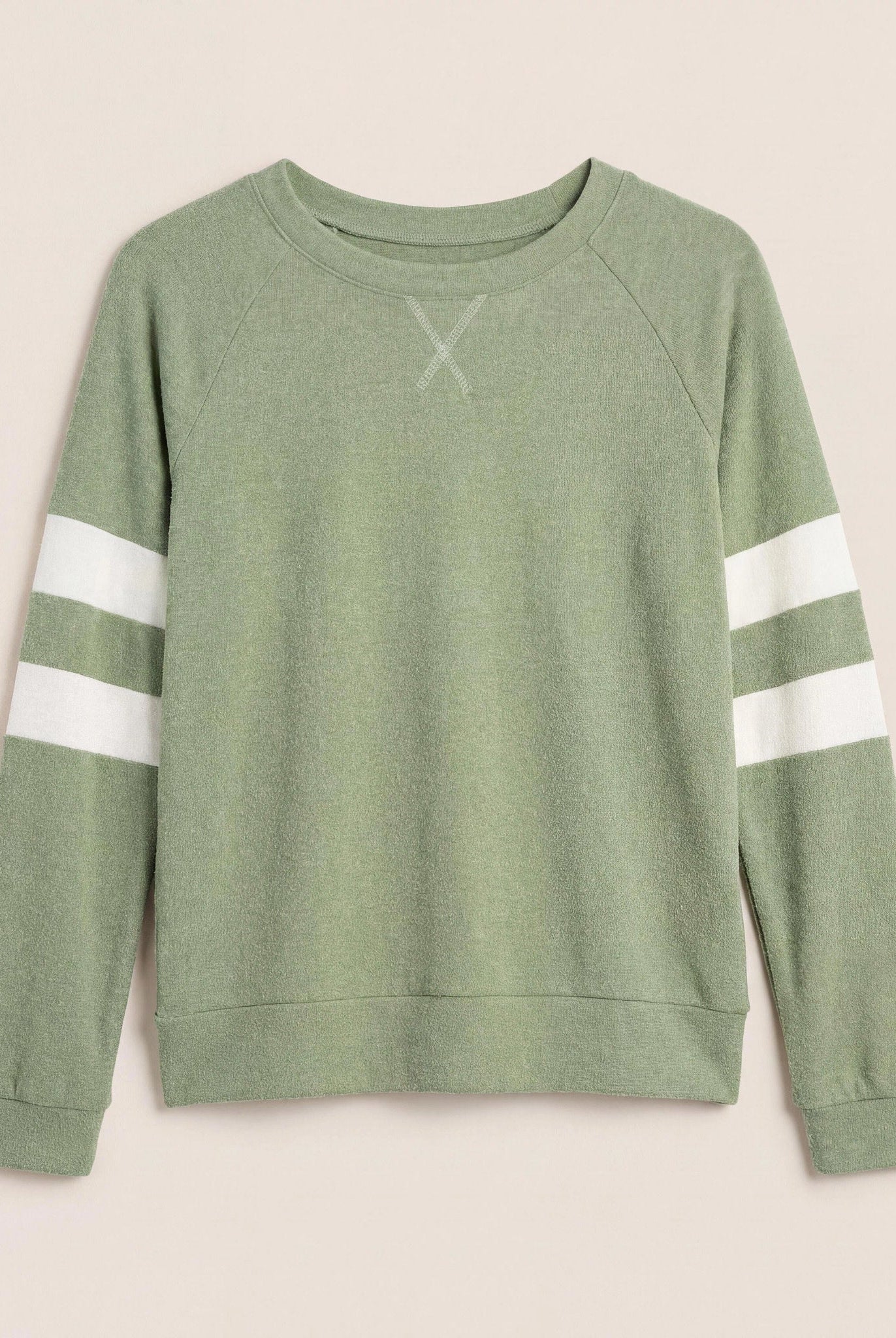 Heather Olive/Cream $|& SEAS Shoreline Varsity Cozy Top - Hanger Detail