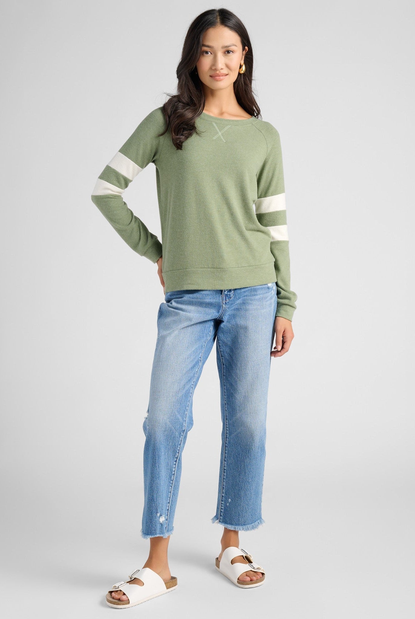 Heather Olive/Cream $|& SEAS Shoreline Varsity Cozy Top - SOF Full Front