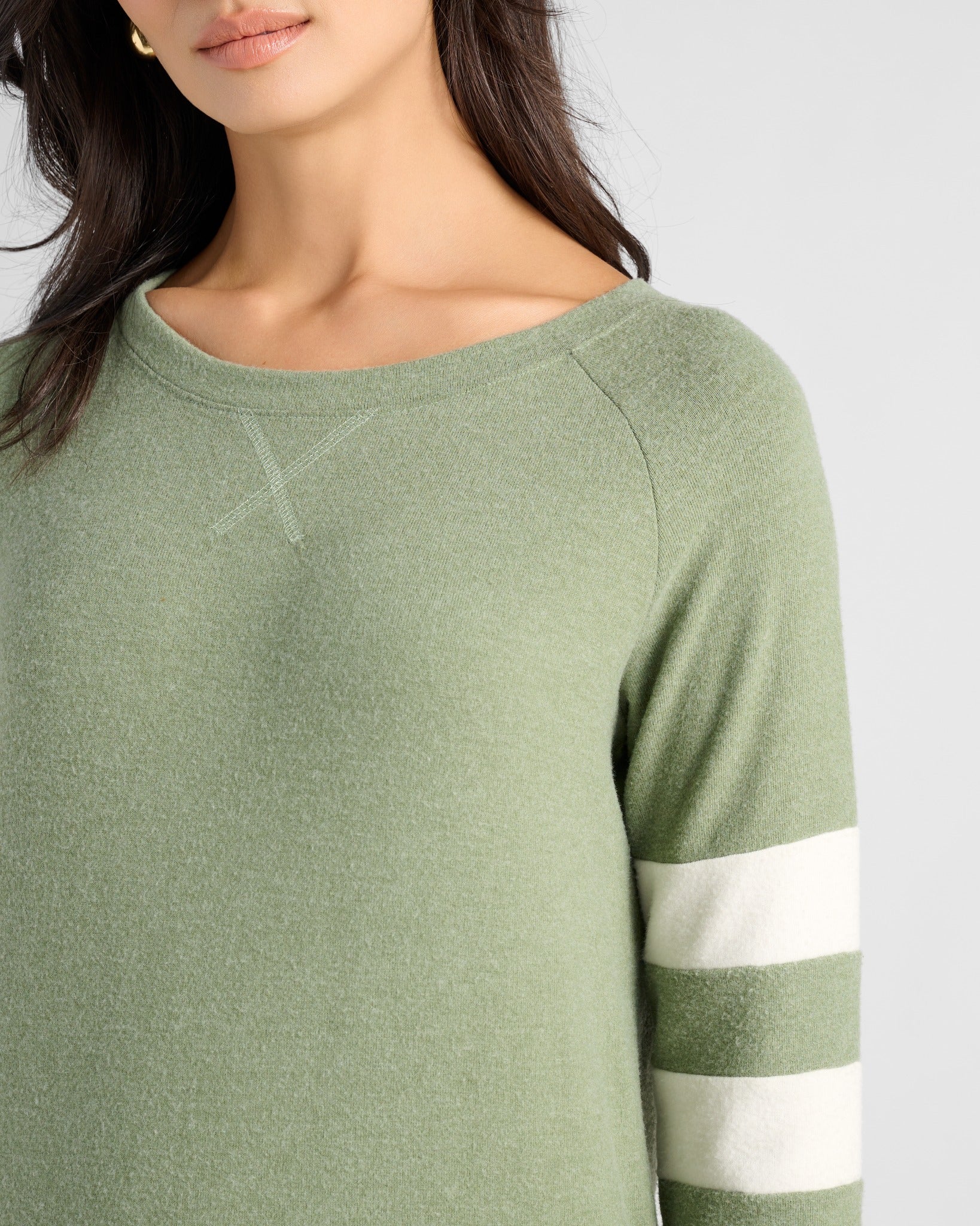 Heather Olive/Cream $|& SEAS Shoreline Varsity Cozy Top - SOF Detail