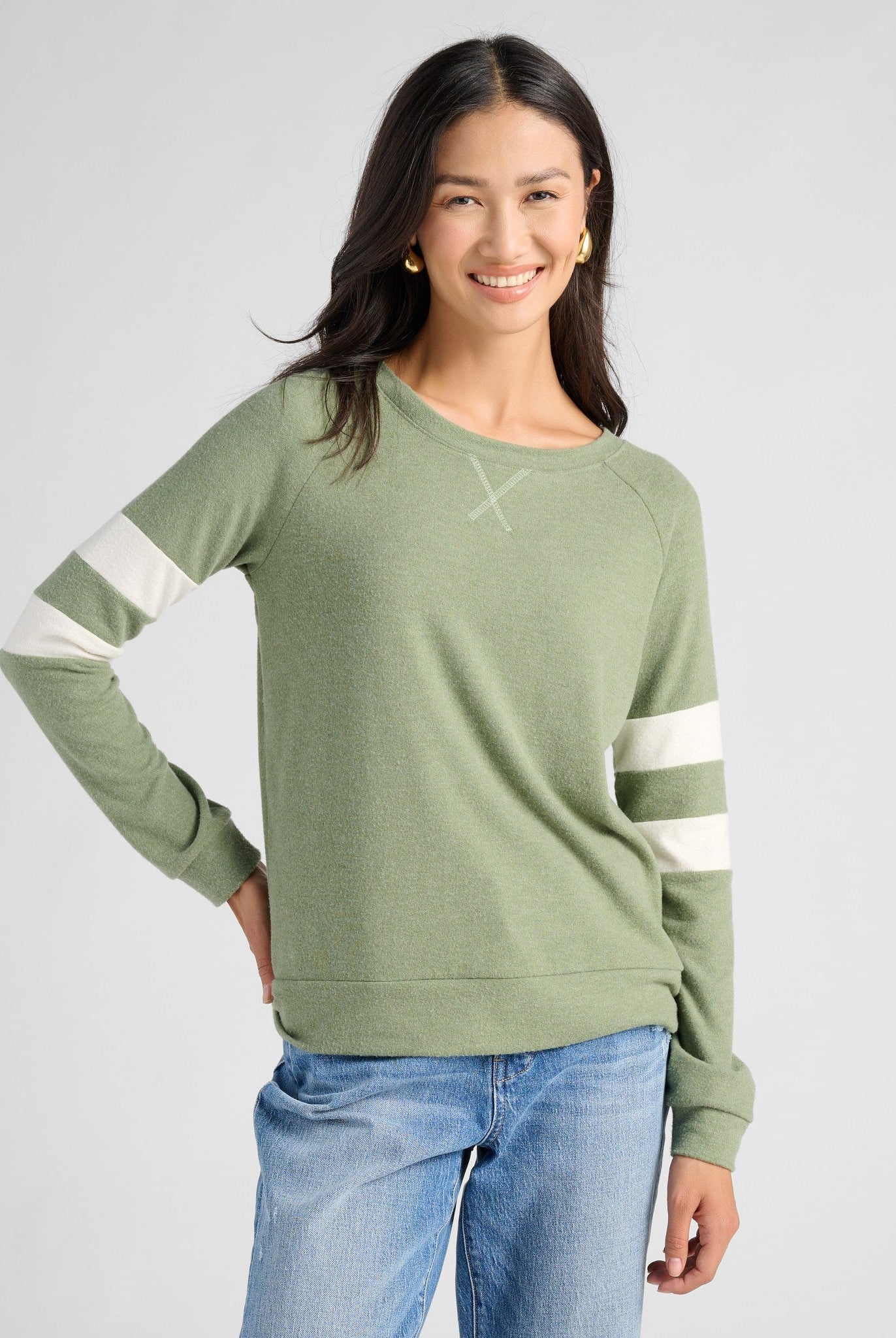 Heather Olive/Cream $|& SEAS Shoreline Varsity Cozy Top - SOF Front