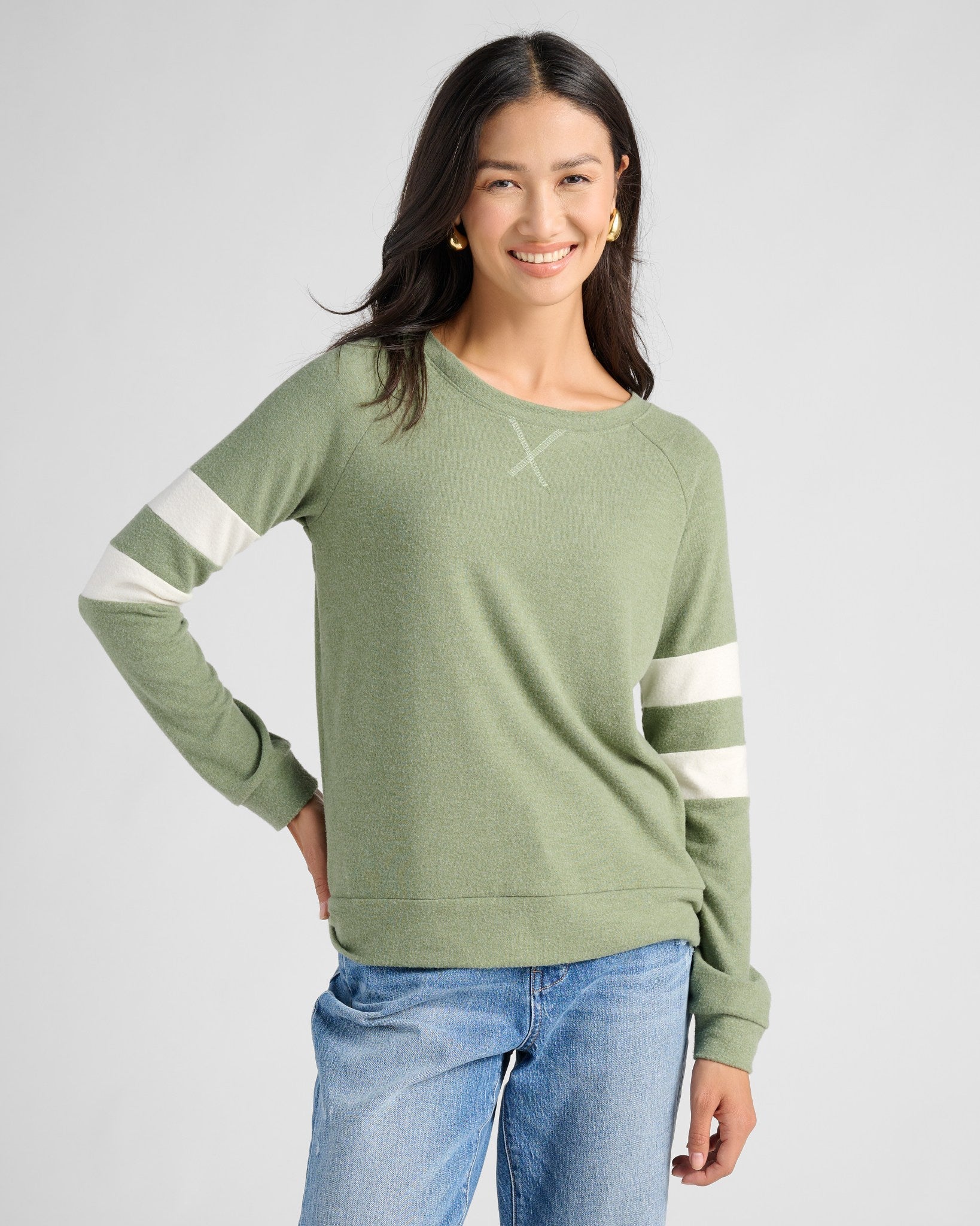 Heather Olive/Cream $|& SEAS Shoreline Varsity Cozy Top - SOF Front