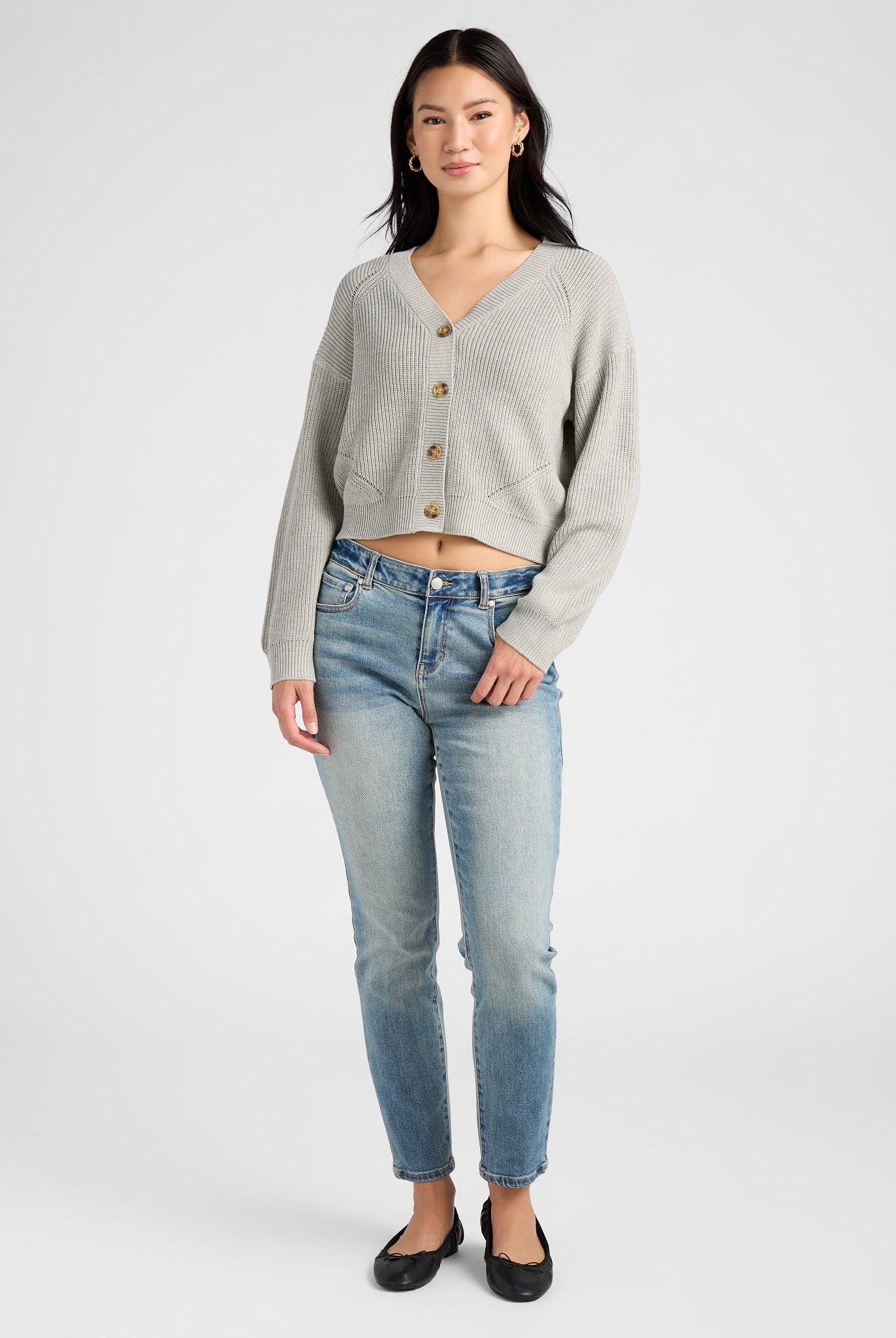 Heather Grey $|& SEAS Coastal V-Neck Cardigan - SOF Full Front