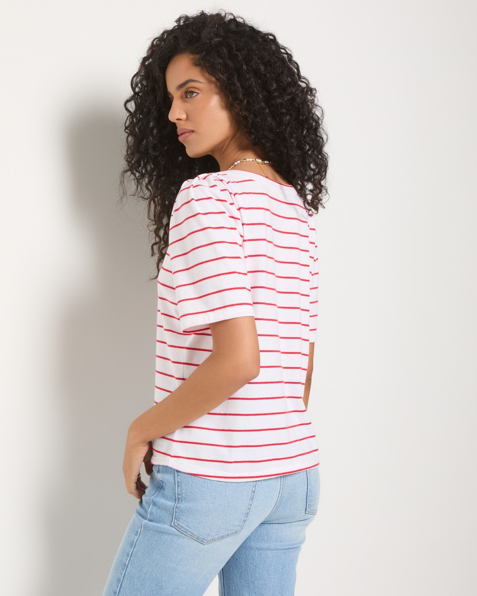 Cherry Stripe $|& SEAS Seabreeze Boat Neck Puff Sleeve Tee - SOF Back