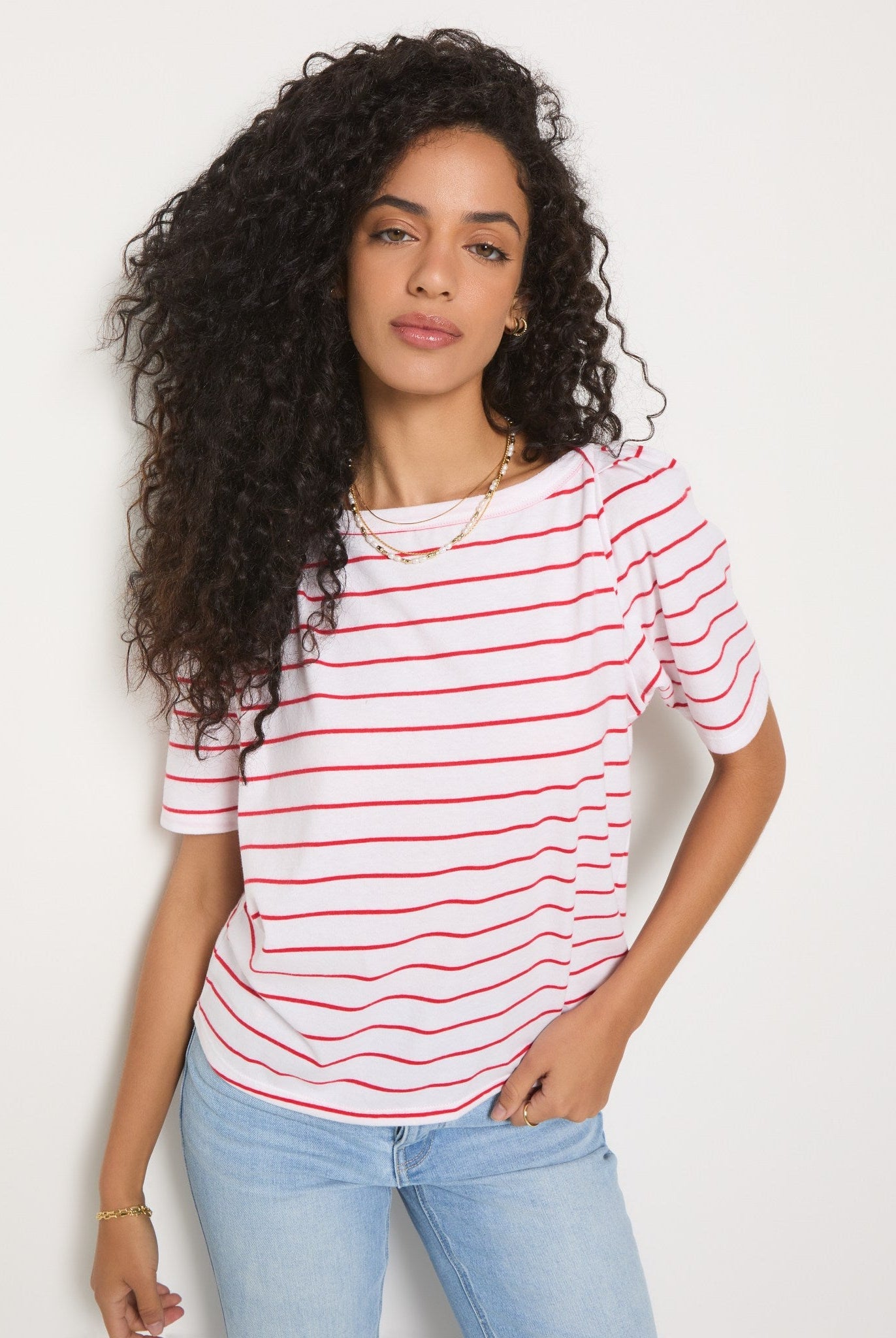 Cherry Stripe $|& SEAS Seabreeze Boat Neck Puff Sleeve Tee - SOF Front