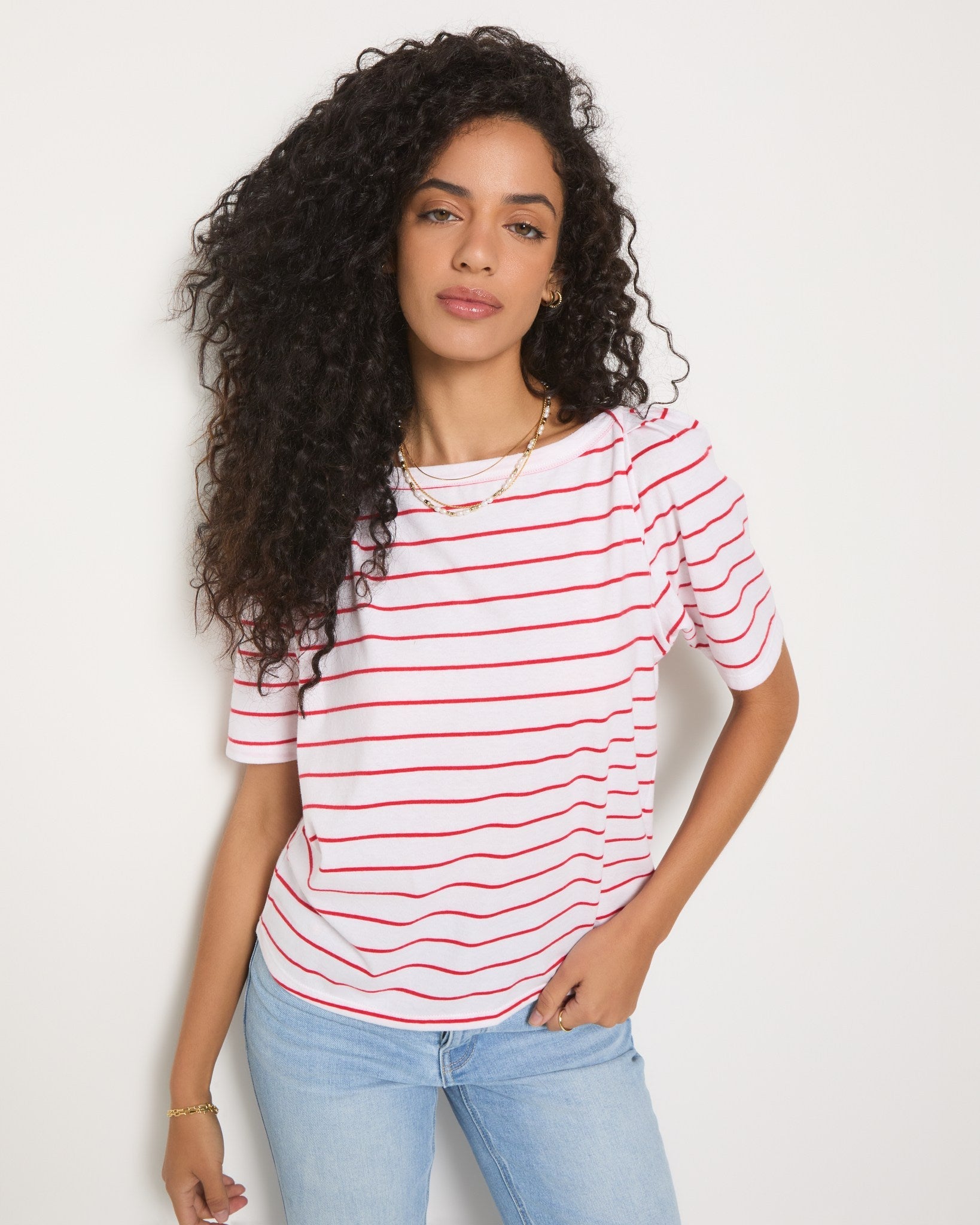 Cherry Stripe $|& SEAS Seabreeze Boat Neck Puff Sleeve Tee - SOF Front