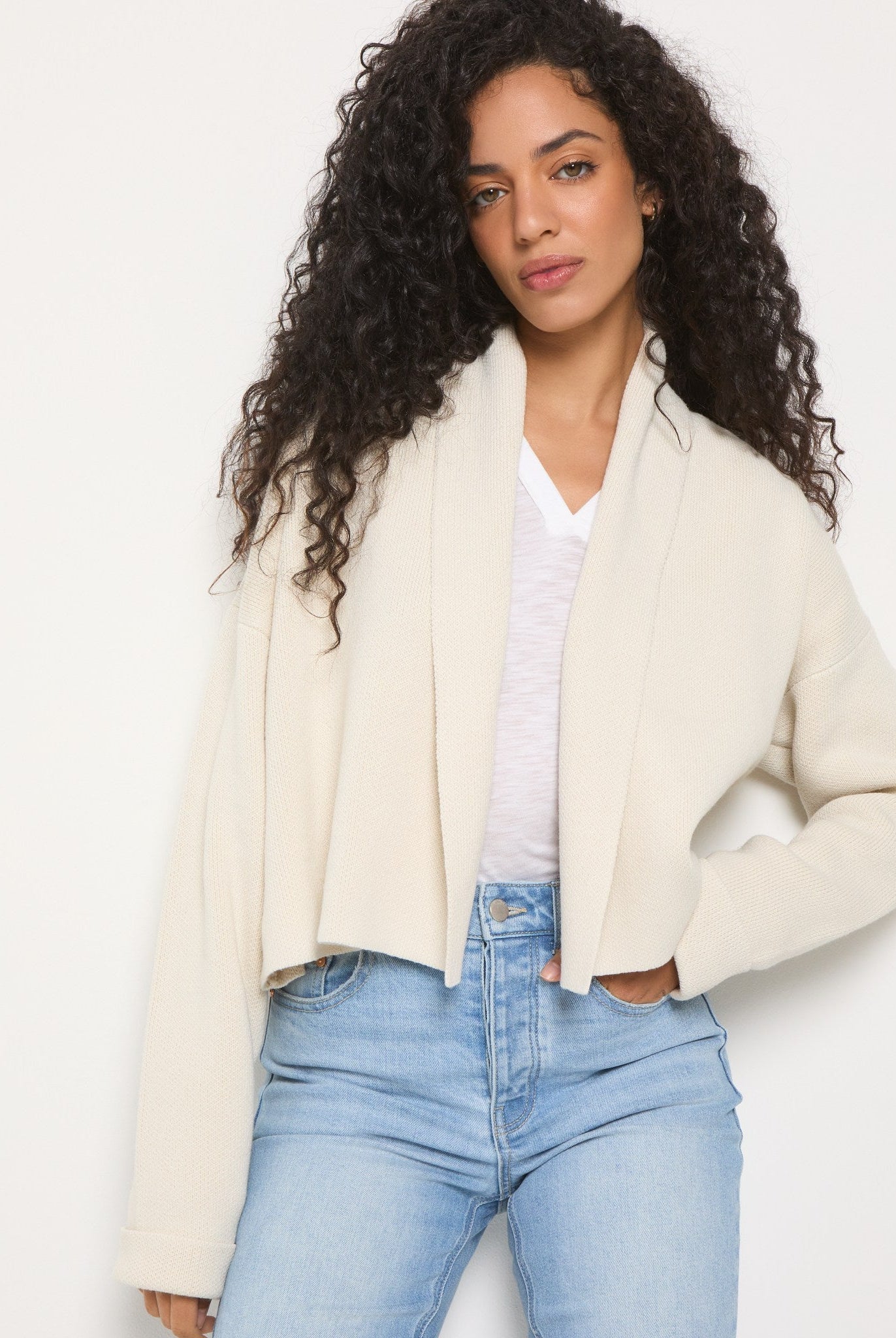 Cream $|& SEAS Stellar Cropped Drape Front Cardigan - VOF Front
