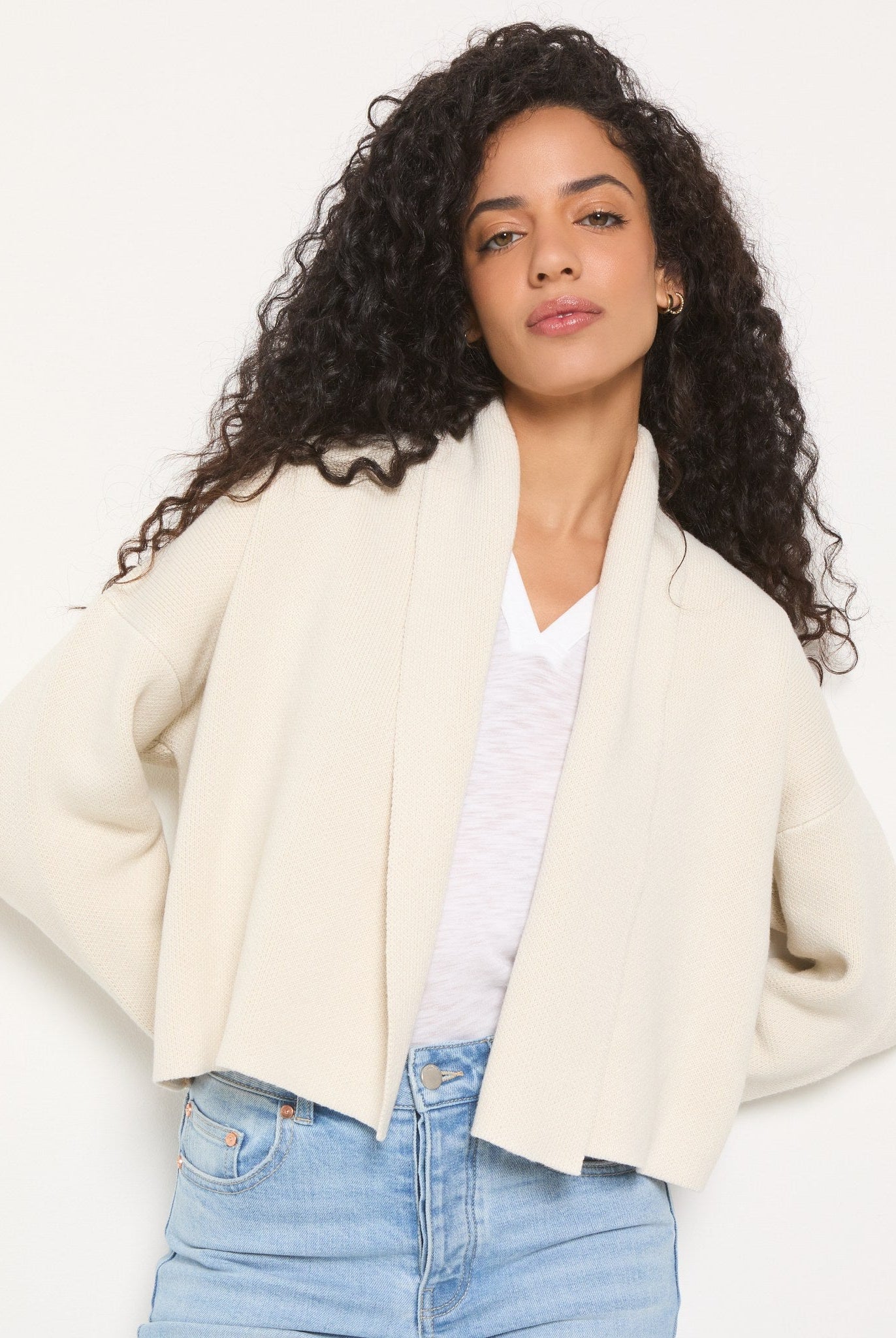 Cream $|& SEAS Stellar Cropped Drape Front Cardigan - SOF Front