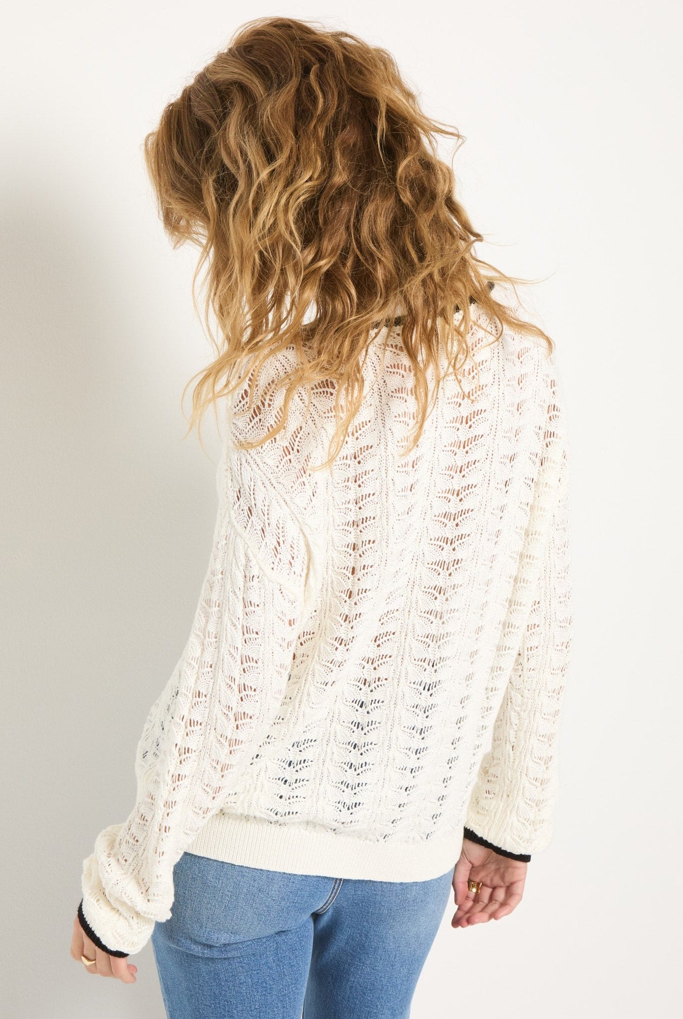 White $|& SEAS Sandyshores Pointelle V-Neck Sweater - SOF Back