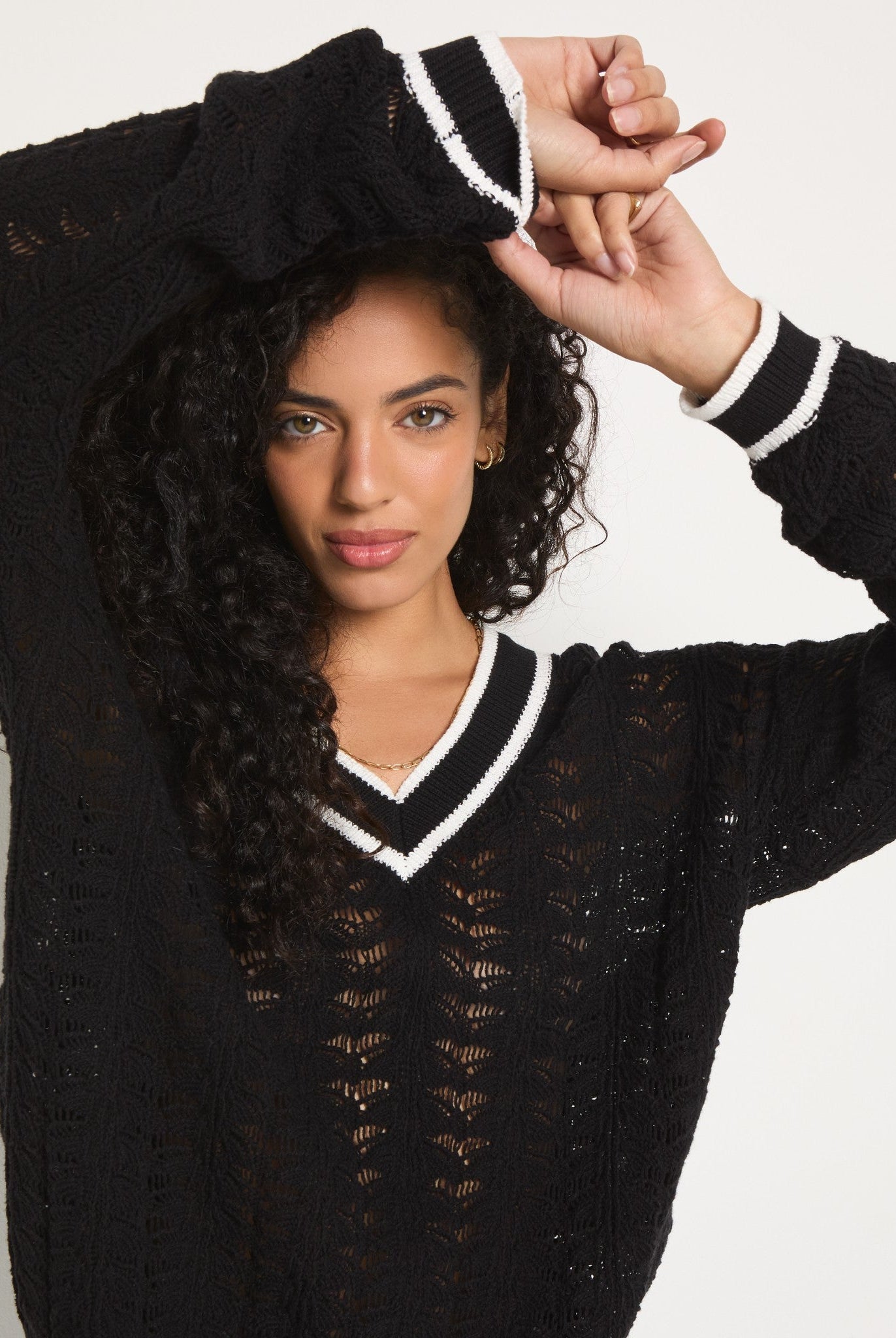 Black $|& SEAS Sandyshores Pointelle V-Neck Sweater - SOF Front