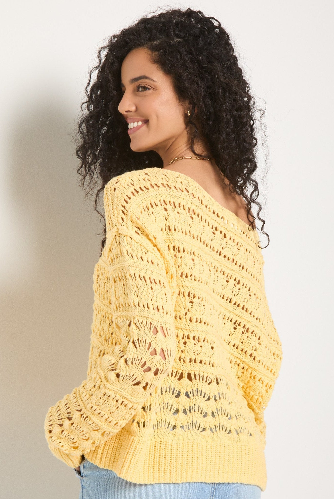 Butter $|& SEAS Sage Off Shoulder Pointelle Sweater - SOF Back