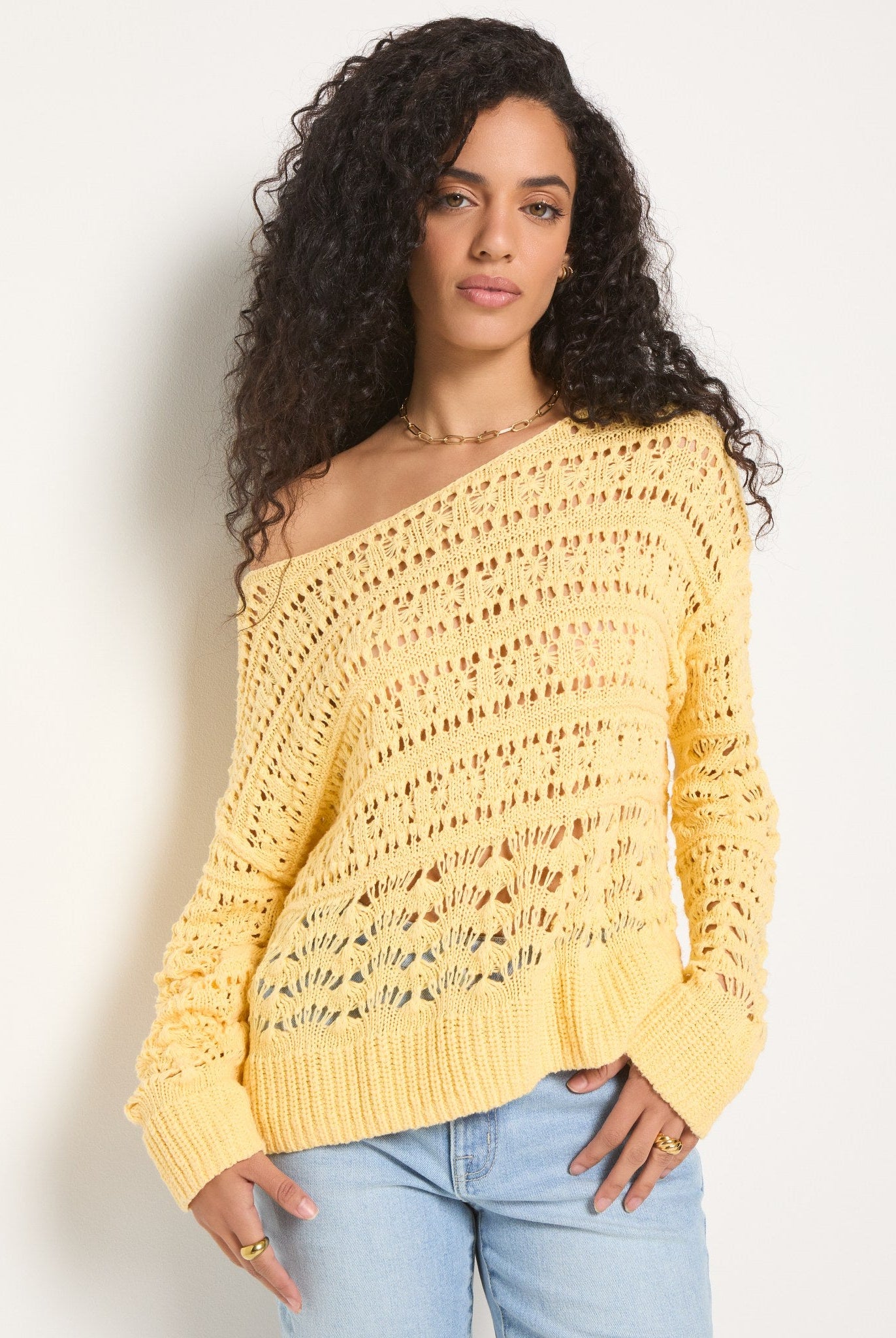 Butter $|& SEAS Sage Off Shoulder Pointelle Sweater - SOF Front