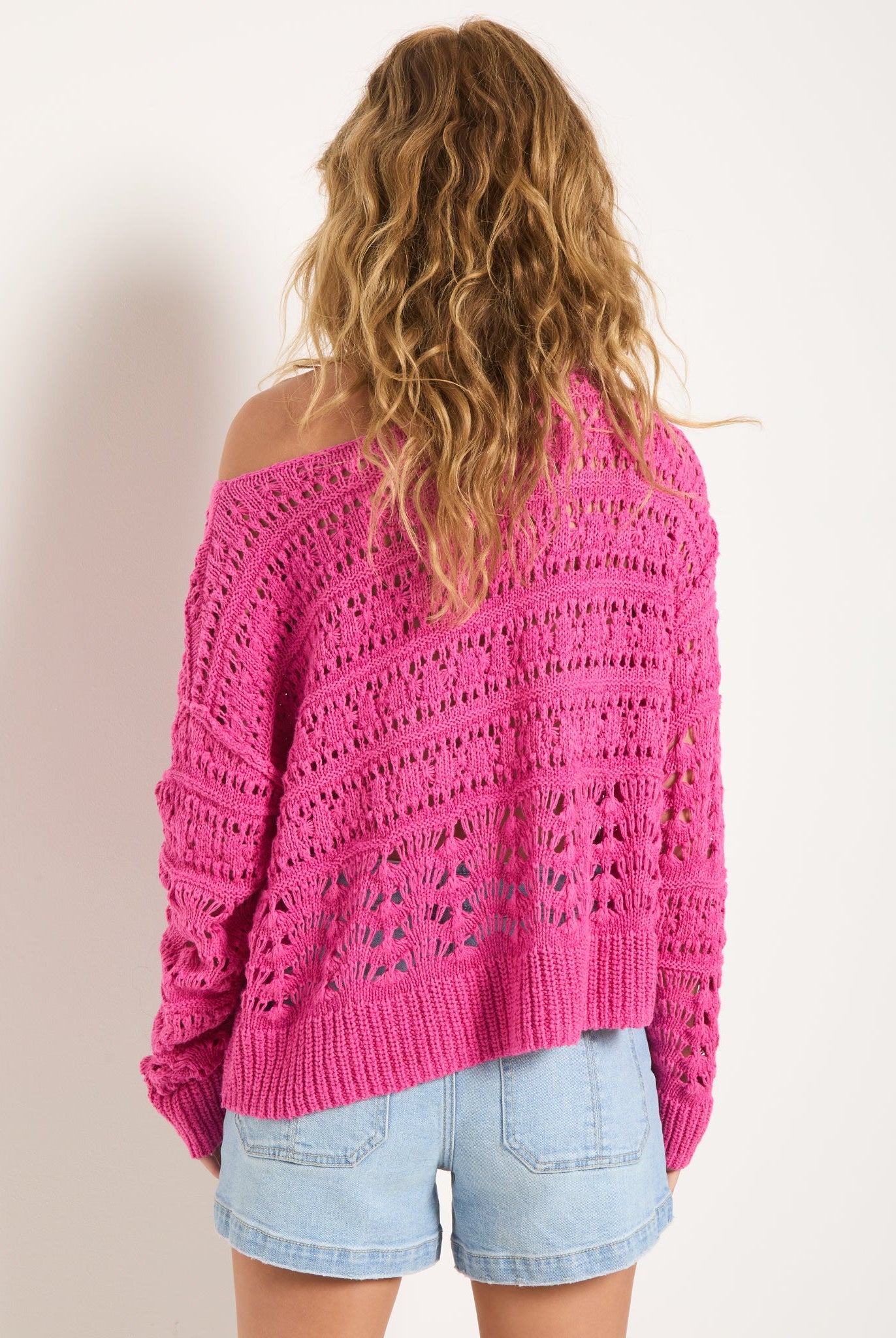 Deep Rouge $|& SEAS Sage Off Shoulder Pointelle Sweater - SOF Back