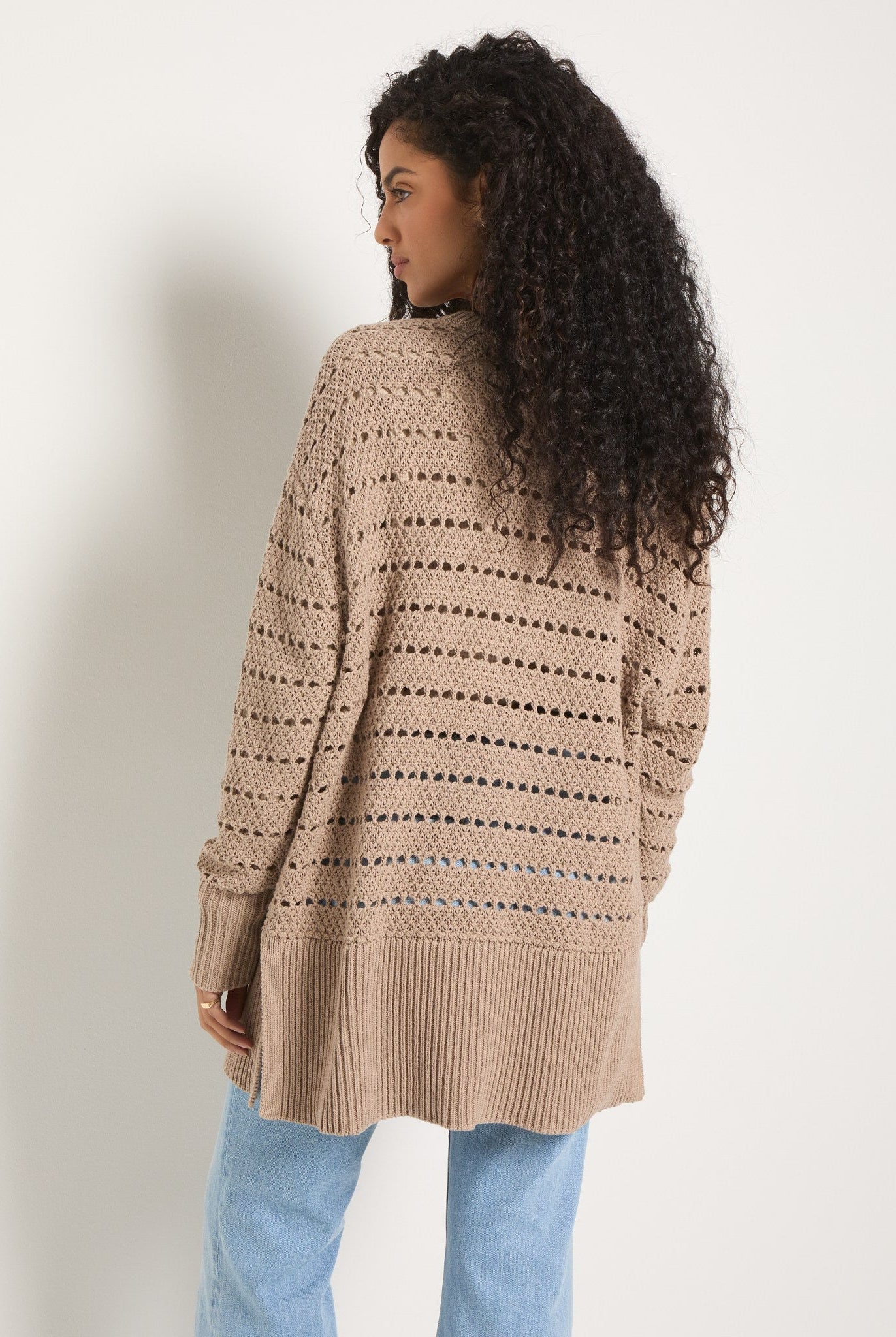 Dark Birch $|& SEAS Oasis Crochet Cardigan - SOF Back