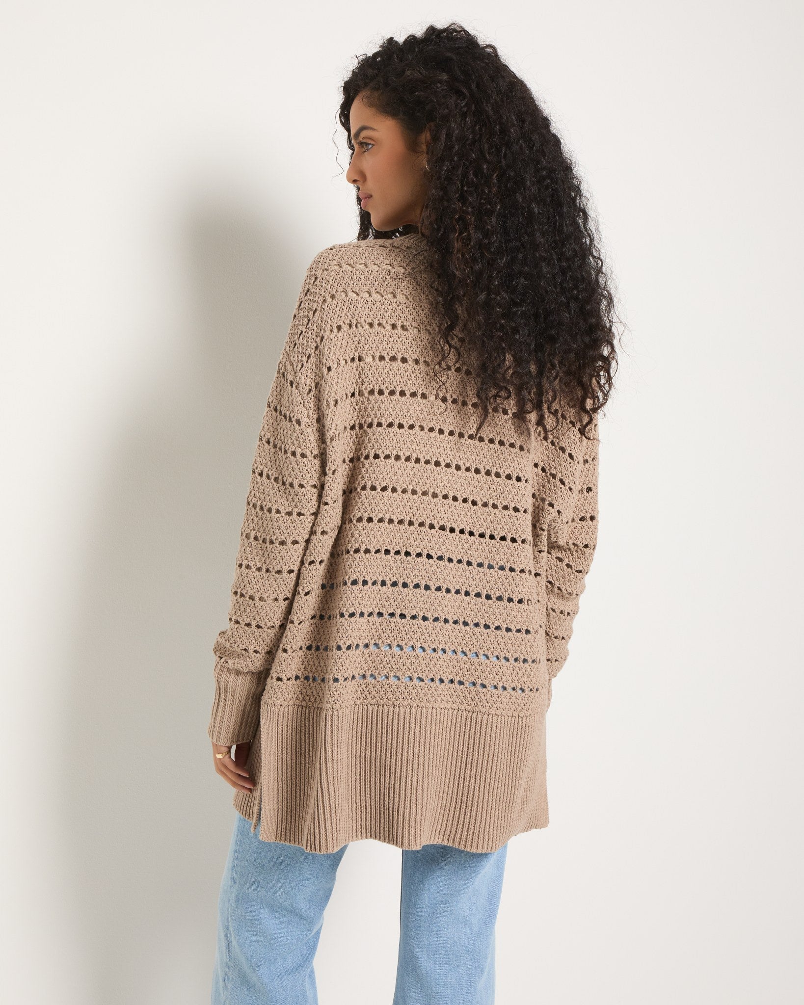 Dark Birch $|& SEAS Oasis Crochet Cardigan - SOF Back