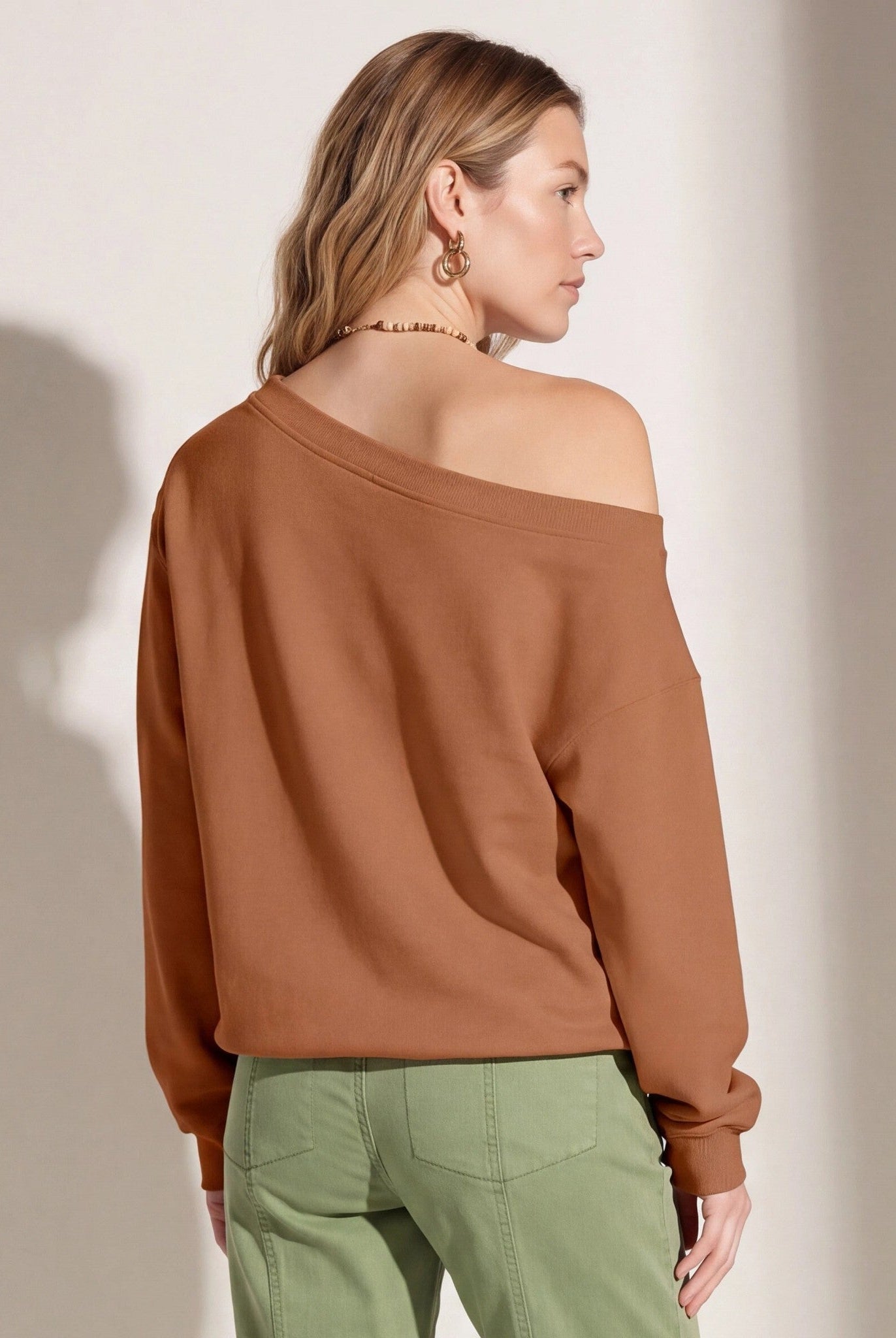 Camel $|& SEAS Brooksville One Shoulder Sweatshirt - SOF Back