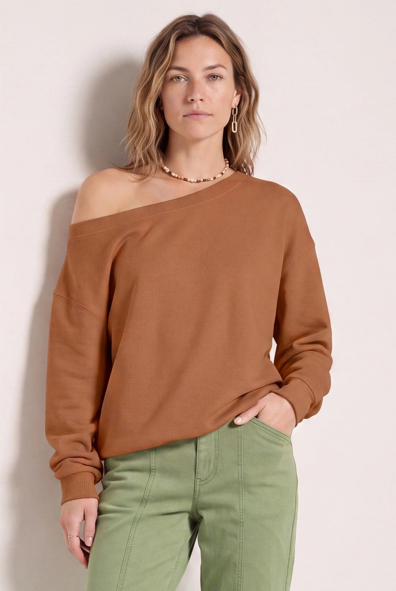 Camel $|& SEAS Brooksville One Shoulder Sweatshirt - SOF Front