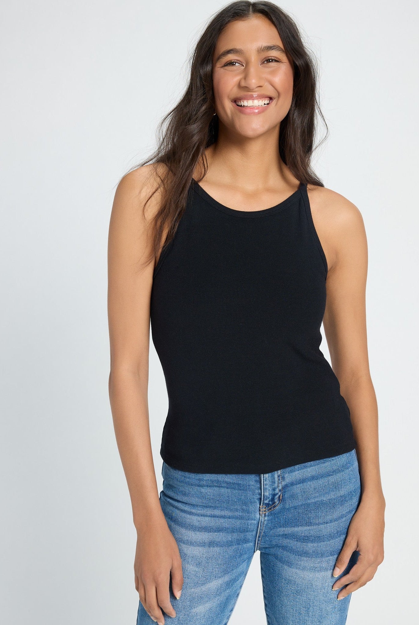 Black $|& SEAS Laurel Ribbed Shelf Bra Tank - SOF Front