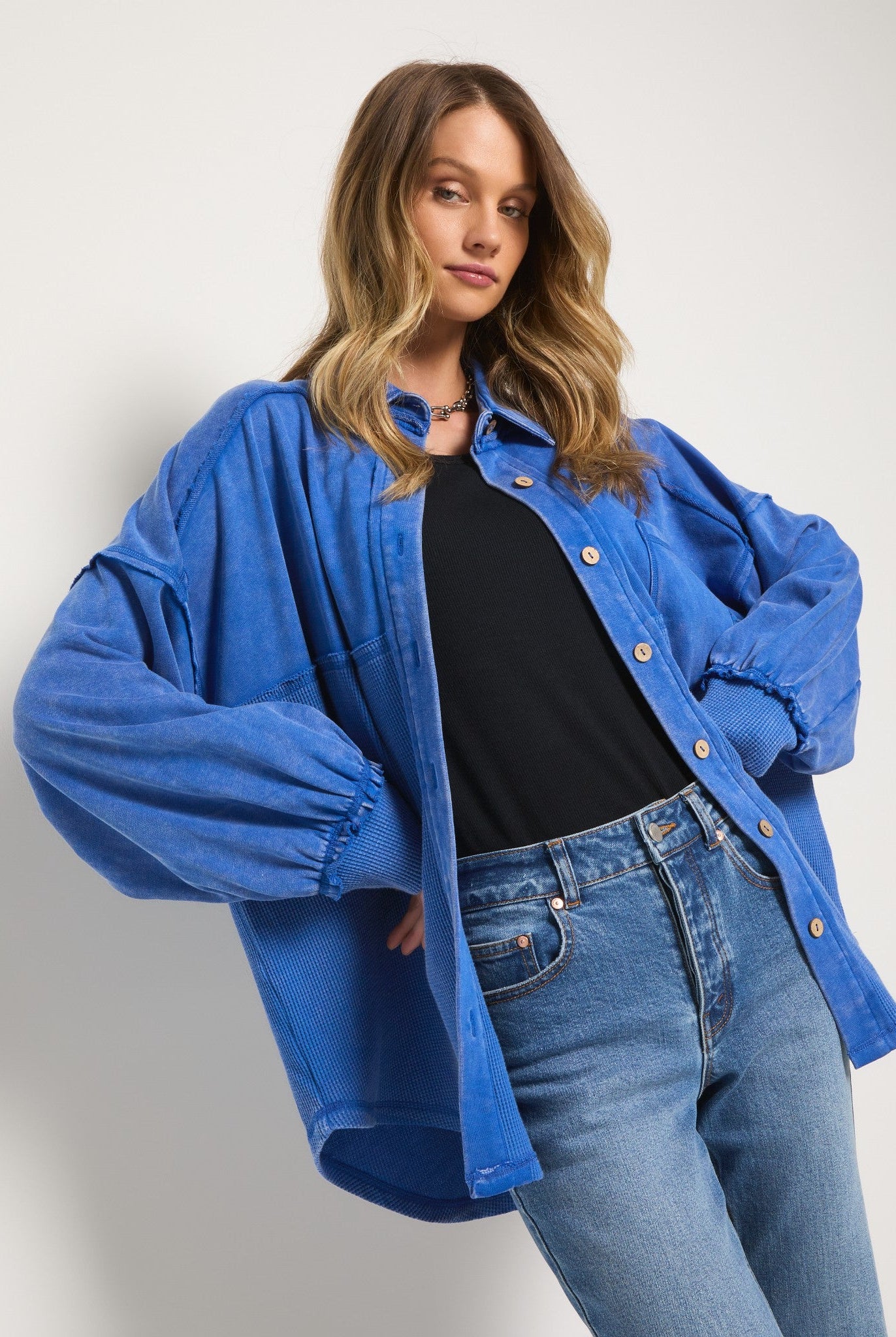 Coastal Cobalt $|& SEAS Atoll Knit Shacket - SOF Front