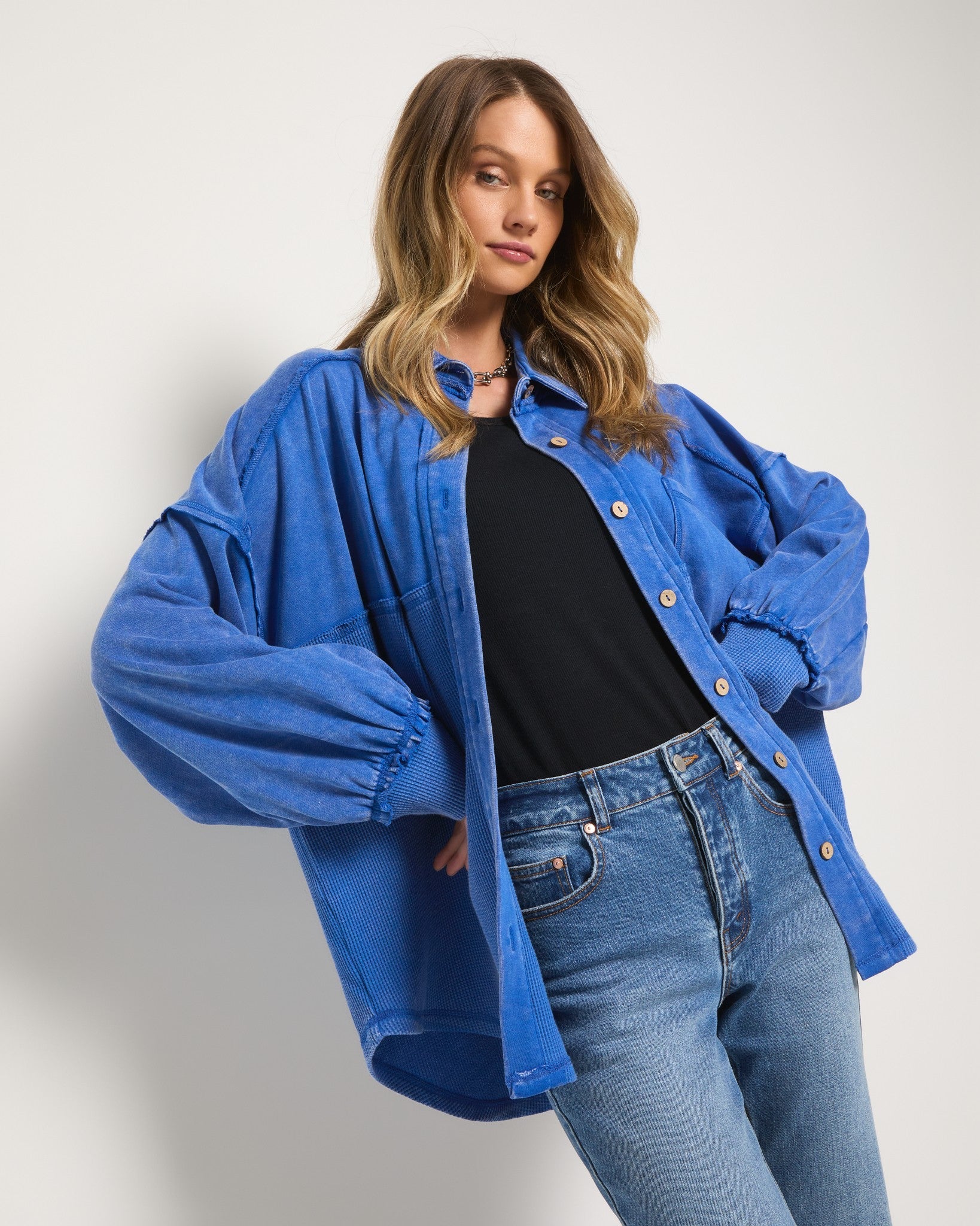 Coastal Cobalt $|& SEAS Atoll Knit Shacket - SOF Front