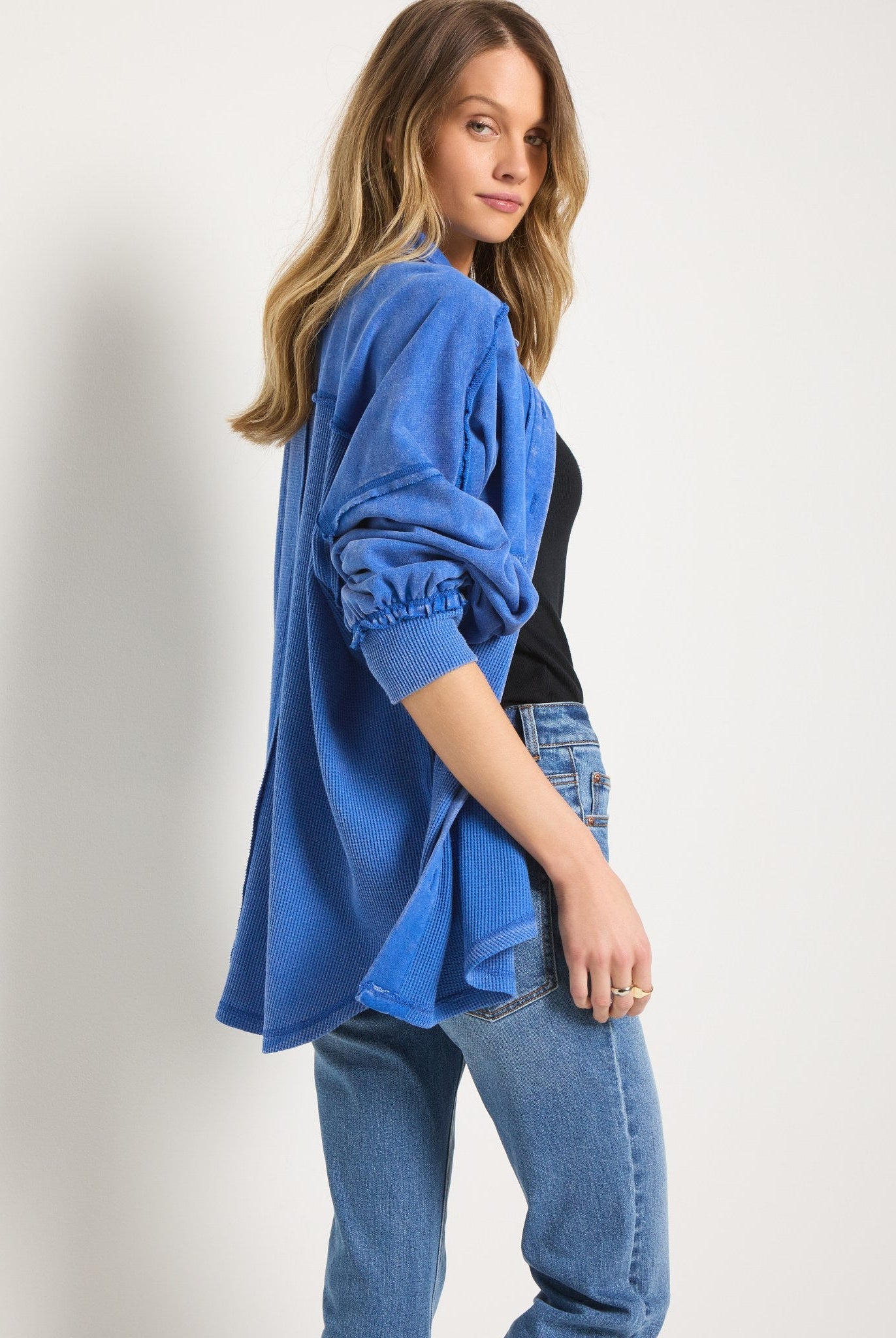 Coastal Cobalt $|& SEAS Atoll Knit Shacket - SOF Full Front