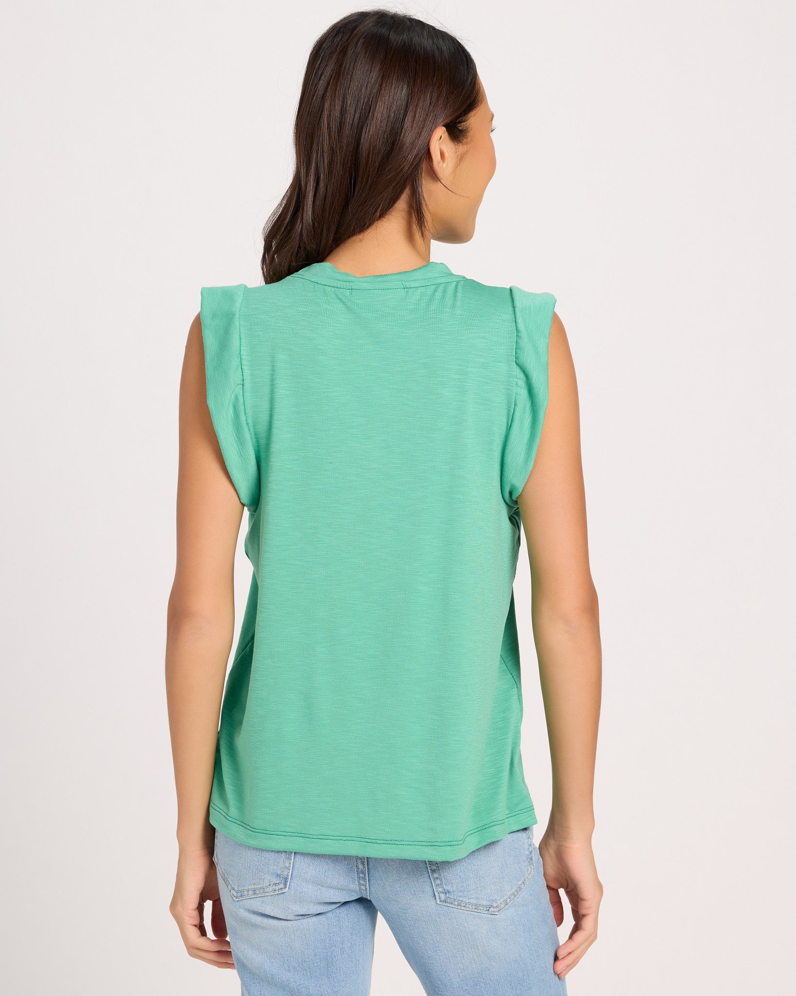 Green Apple $|& SEAS Ruffle Shoulder Tank - SOF Back